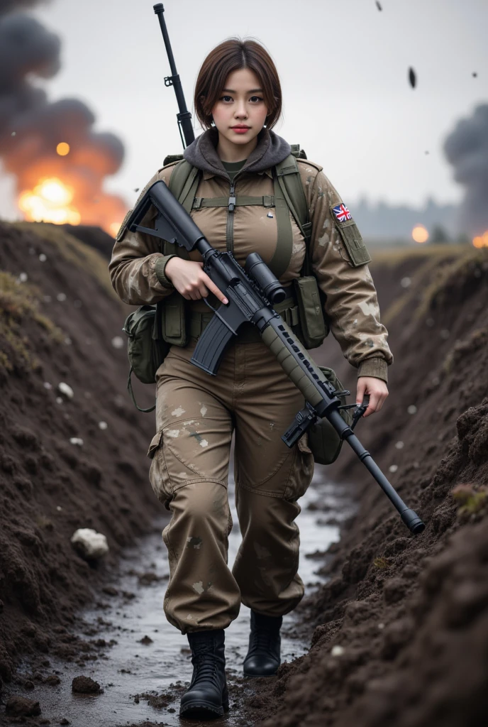 best quality, masterpiece, portrait of , <lora:opt-minianden2000s:1>opt-minianden2000s, freckles, dark auburn hair, holding an m16 rifle, dressed in camouflage military fatigues and helmet, muddy, on muddy battlefield