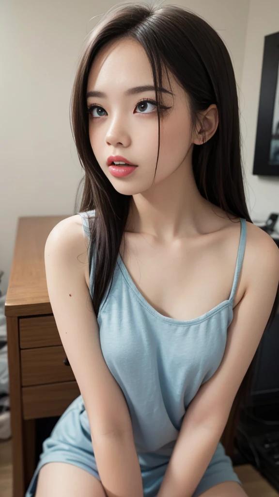 (masterpiece:1.0)、(top-quality:1.4)、(超A high resolution:1.2)、(Photorealsitic:1.4)、(8K、Raw photography:1.2)、(softfocus:1.4)、(18year old:1.3)、(foco nítido:1.4)、detailed beautiful faces、A slender、(White camisole:1.4)、(Flat bust、small tit:1.4)、at bedroom、