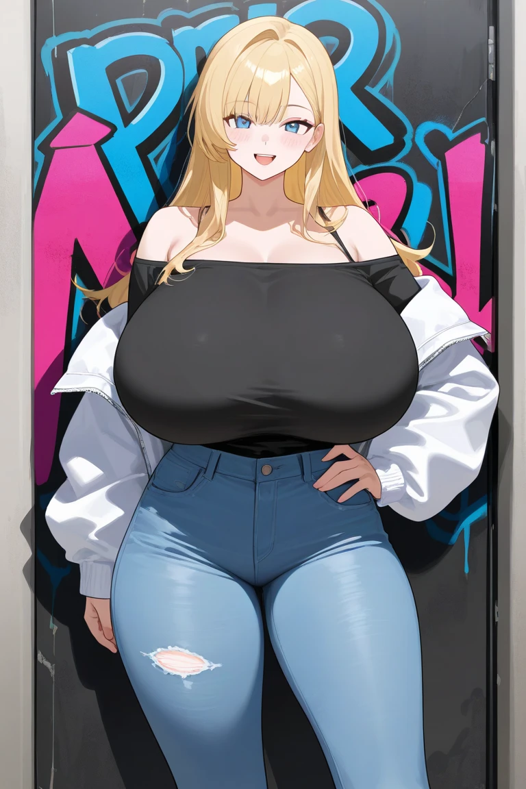 This type of art is characterized by its digital approach with a clean and polished finish., typical of cartoons or comics. A feminine and muscular figure, with voluminous hair, White hair, ponytail, "Hair over eyes" Hair over eyes, hair hiding both eyes, light pink skin, robusta, big jacket, long quality jacket, white  shirt, pointed snout de lagarto, pointed snout, pointed snout de unicórnio, serious look, lips are sensual, thick lips, volumous hair, unicorn horn, jeans black boots, hot girl, pose sexy, gigantic breasts, large and exaggerated breasts.