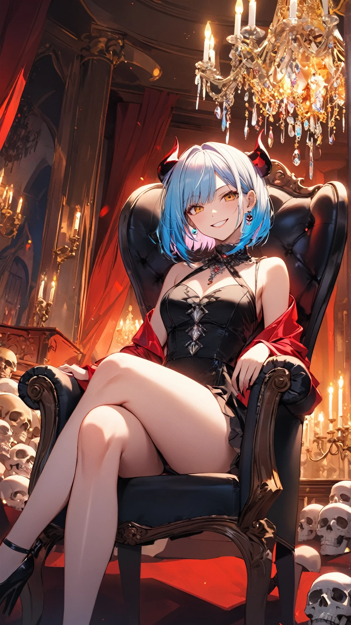 (masterpiece,best quality,8K,HDR),closeup, 1girl,solo,Ganyu,mature,intense blue hair,long straight hair,two hair buns,bangs,shaggy cut,blue marine eyes,dark lipstick,eyes makeup,skull hair ornament,gothic,dark noble attire,strapless,short black dress,bare legs,frills,spikey choker,(huge window in background,multicolored glass,geometric patterns:1.2),throne,sitting on throne,crossed legs,dark,moonlight passing through,skulls,red carpet,castle
