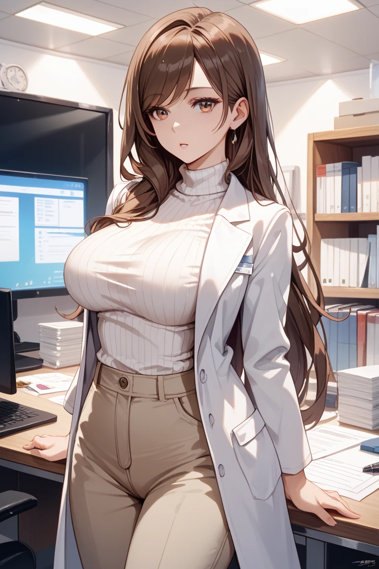Highest quality、extremely detailed CG、One woman、27-year-old female、Huge breasts:1.3、sagging breast:1.3、White、white coat、white gown、Black inner shirt、Black inner shirtと白いコートを着てカメラに向かってポーズをとるアニメの女の子, (SFW) Safe at Work, breasts covered and SFW, (doctor), chic,Whiteを着て, Cel-shaded adult animation、Brown Hair、ponytail、Health Room、学校のHealth Room
