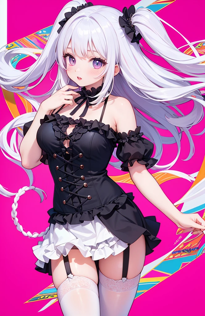 "Kawaii, Cute, charming woman with pink, Yellow, and blue color scheme. She dressed up in celestial themed clothes, made of clouds and celestial motifs.. Her outfit is fluffy and soft, With decor accessories, such as hair clips. She embodies the vibrant and trendy Harajuku fashion style." white colored hair, red eyes, Horns, demon wings, tetas grandes,big ass, large lips, luscious lips, huge hair, Smile