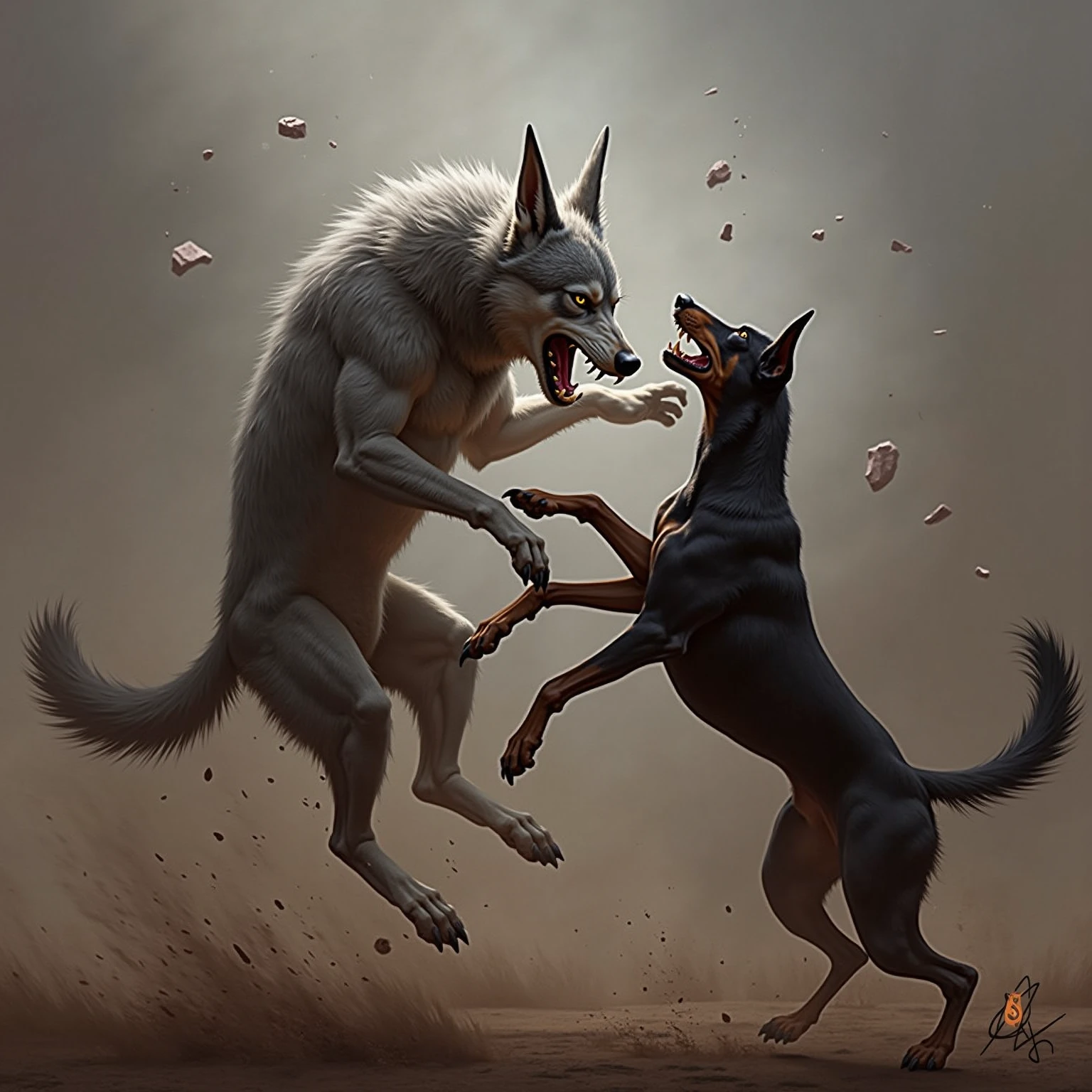 Pack of rabid dogs biting each other in a desert landscape 