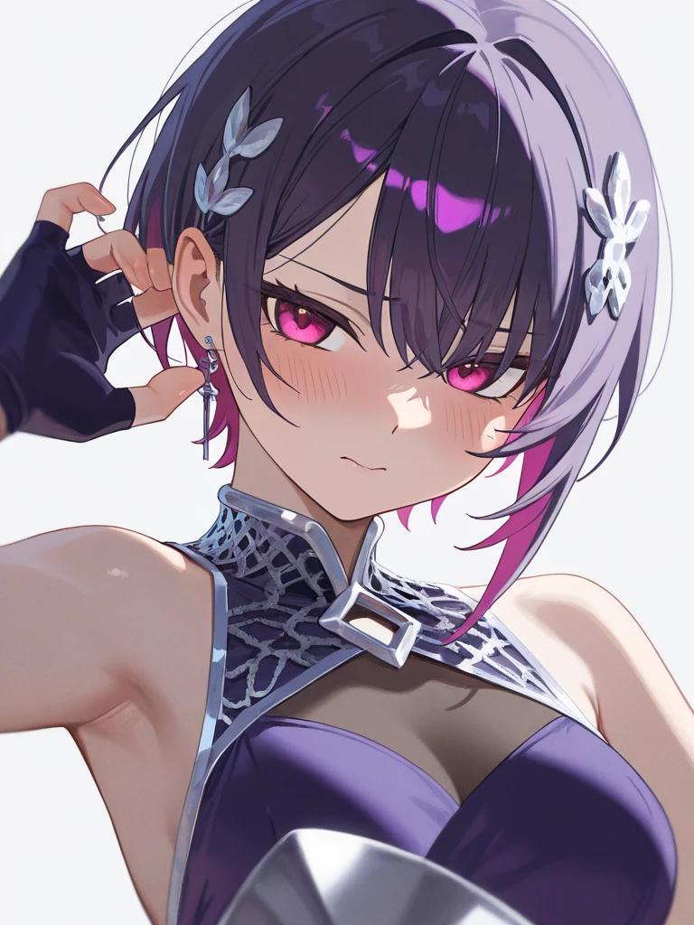 (masterpiece:1.4、top-quality、illustration)、(character focus、,upper body:1.3)、(face:1.5),(1girl),(fingersmile:1.5),(Beautiful eyes:1.4),cute face,(red eyes:1.3)、(tareme:1.3)、(),
),(stand:1.4),、(),(),
(blue grey hair),(short hair:1.5)、
,(),（sleeveless turtleneck china dress:1.5),
(blunt bangs),(sidelocks:1.3), (large breasts)、
、slender、zydG