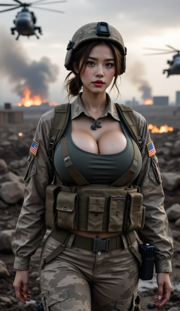 8k, best quality, masterpiece:1.2), (realistic, photo-realistic:1.37), ultra-detailed, Ukraine Female Soldier wearing torn military clothing with open buttons and a red bra visible. Perfect athletic yet curvy body with big asses and natural breasts, ripped outft, torn outfit, sad face, crying face,