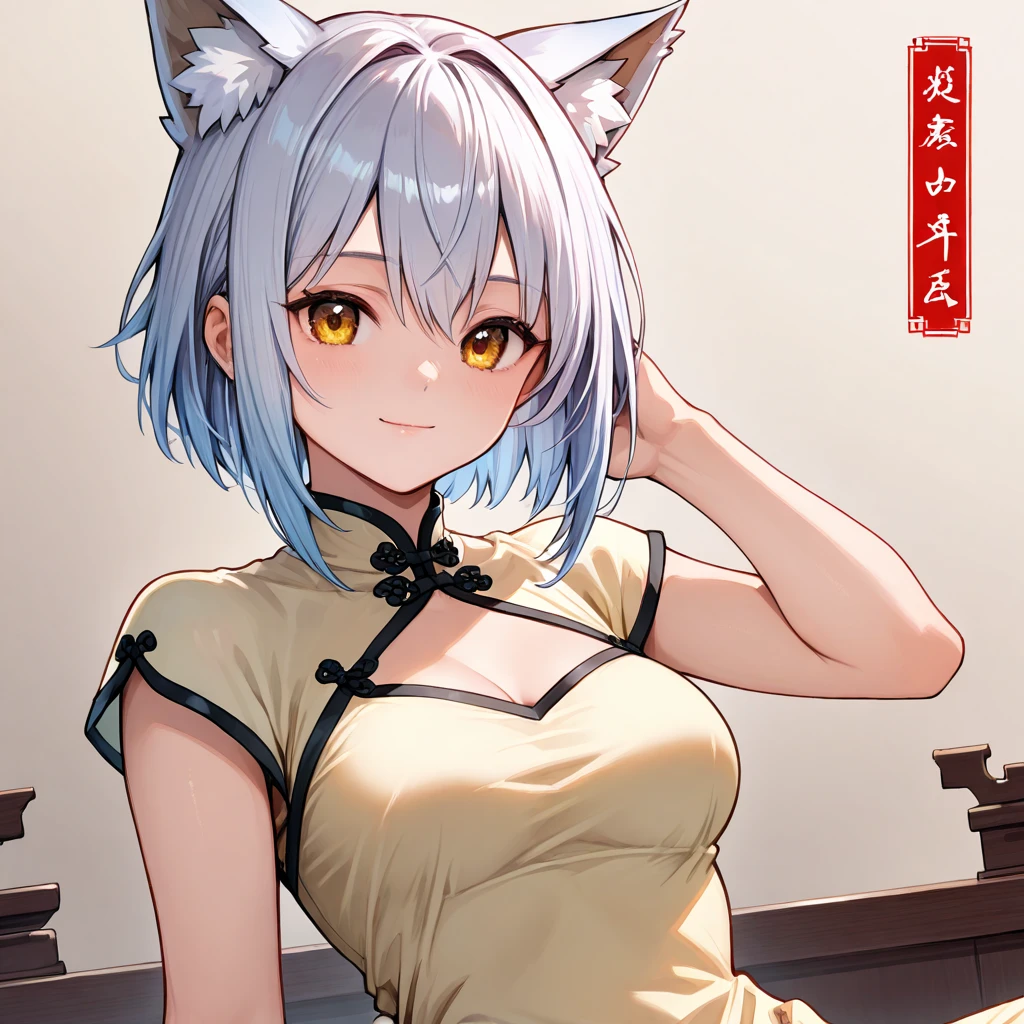 Masterpiece, Top Quality Anime Illustration, Super Detail, One Girl, Solo, Beautiful Girl with Silver Hair, Anime Loli, Cat Ear Loli, Light Blue See-Through Cheongsam Dress in Light Color, Short Cheongsam, Sleeveless, Smile, Bare Skin Lateral Breasts, Thigh Focus, Cleavage Enhancement, Hot Spring