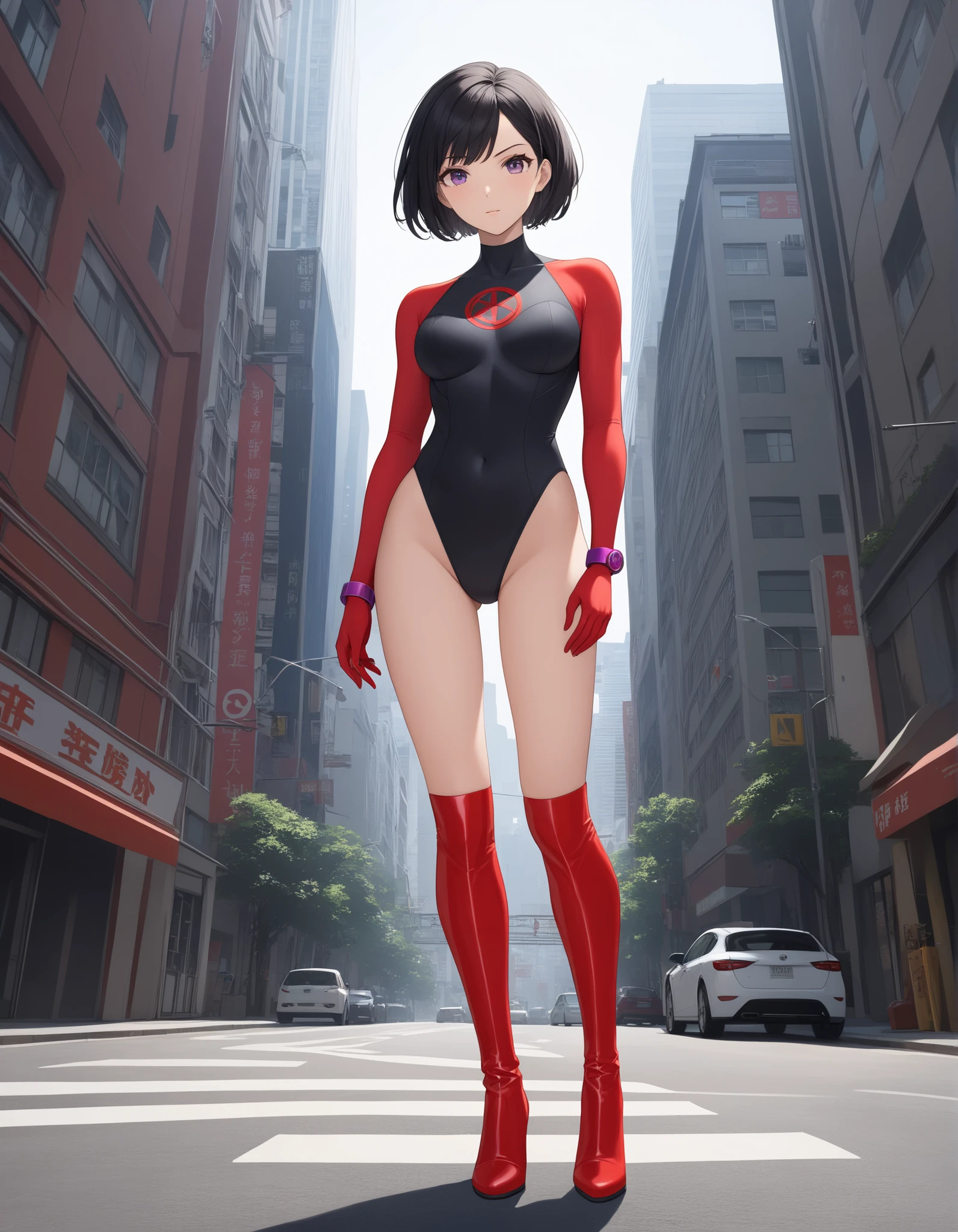 ((best quality)), ((masterpiece)), (detailed), safe, solo, 1boy, perfect face, full body image of Astro Boy, looking out the window at metro city, brown eyes, wearing a shiny black catsuit and red boots