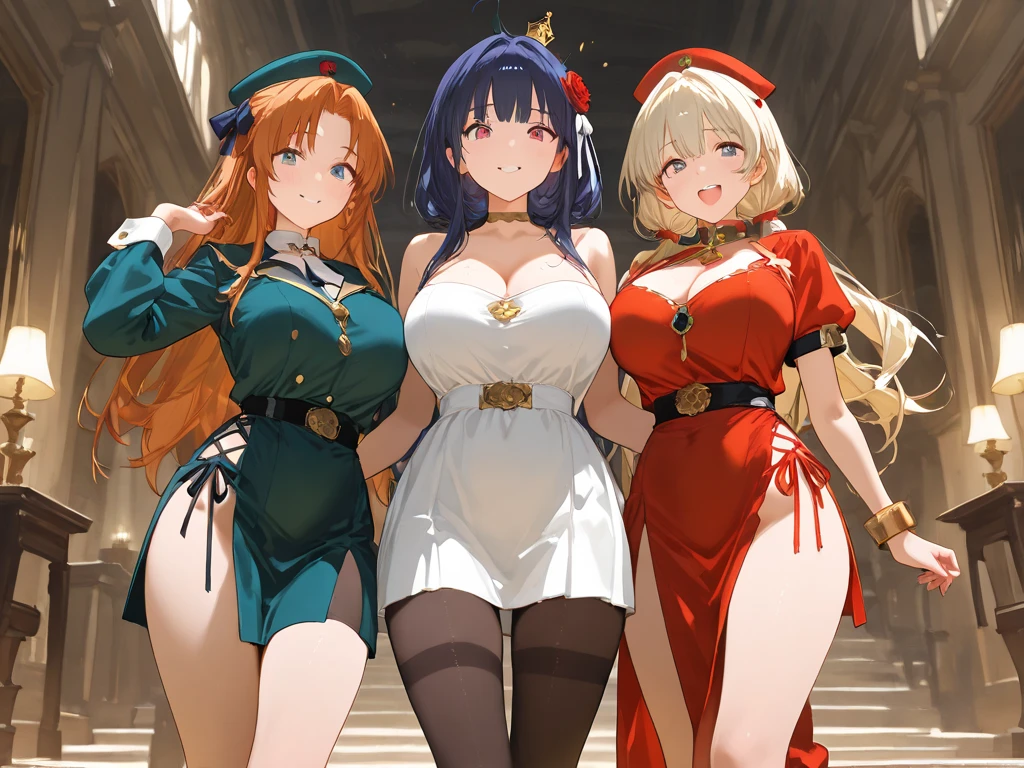 ((((Haremの4人のキャラクターが笑顔で描かれました))))、A group of female adventurers set in a medieval fantasy world,Dragon Quest、 (At the pub), Various Hair Styles, (Harem:1.5), night, detailed aspects, (White clothes), (Clothes with less fabric), High V-neck, (Exposed breasts:1.2), (Exposed Skin:1.2), (Micro Mini Skirt), Seduce, Sleeveless、Showing invisible panties、Large Breasts、A little bigger ass、Waist、Pulling up her short skirt
