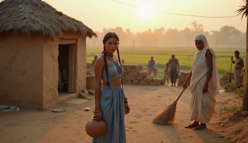 The image shows a 12 year old Indian village girl standing with books in hand before a towering, intricately carved ancestral temple. The young girl has a determined expression on her face, her long dark braid blowing back as beams of sunlight stream down illuminating her. Shadows from the looming ancient temple stretch across the ground behind the girl.
In the background, villagers go about their daily routines - mature women in saris carrying clay water pots upon their hips, farmers tilling fields, barefoot children playing and chasing chickens. The world around the adolescent girl seems locked into tradition's age-old repetitive rhythms and rituals.
But the light upon the 12 year old's eager face symbolizes the glow of knowledge, awakening, and progress she deeply yearns to bring to the ignorant, isolated village. The image conveys this young girl's defiant stance - one of hope and idealism facing down the looming shadows of stagnant customs, regressive superstitions, and the closed minds of the village elders.