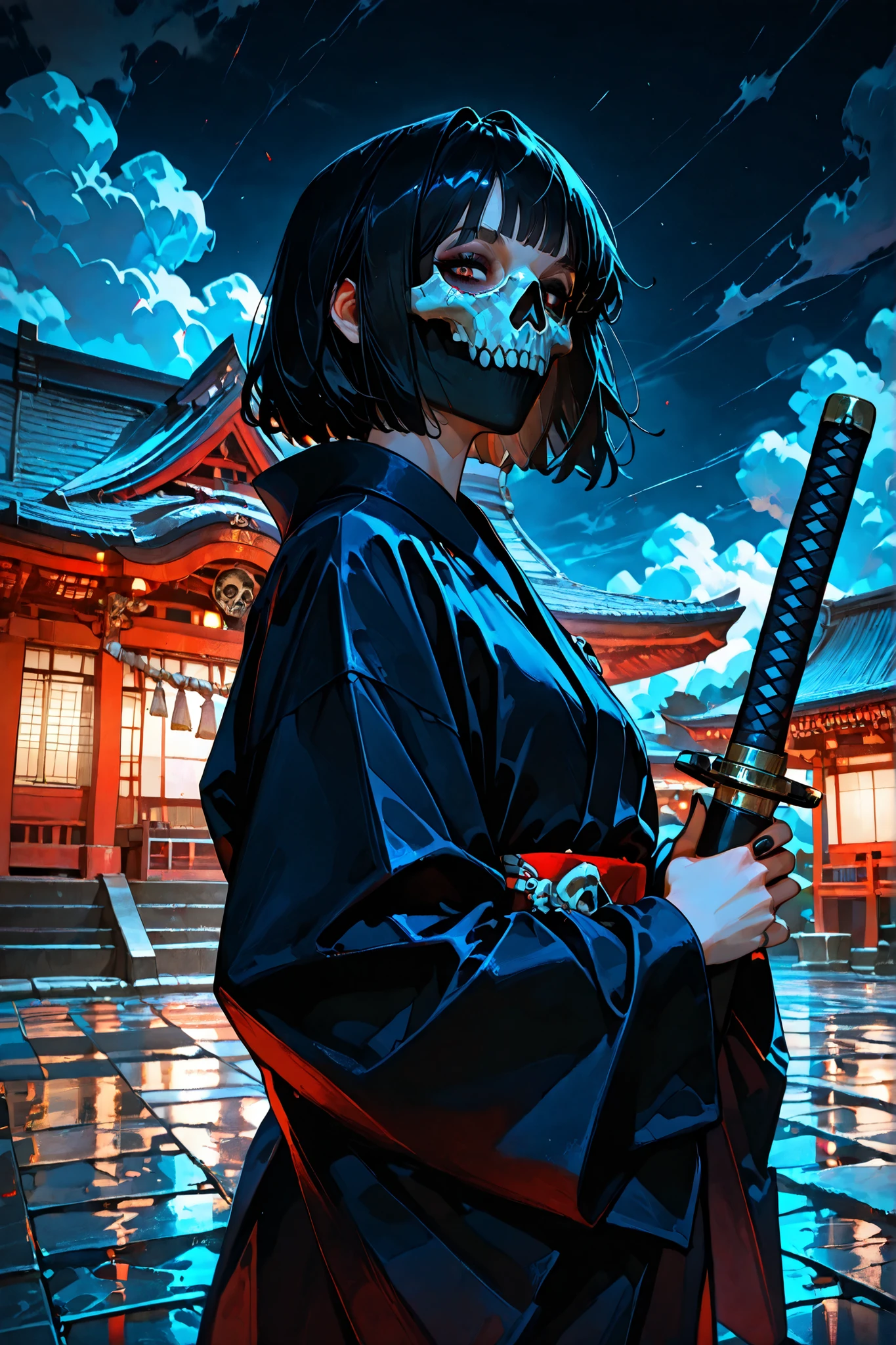 (SuperQuality:1.0) ~ (SuperQuality:1.2), detailxl, girl, Solo, High Resolution, Best Quality, High Details, Super Detailed, shrine, (simon_riley), ((skull_mask)), kimono, short hair, black hair, long nails, black nails, looking at viewer, night, beautiful eyes, dark sky, holding a katana, clouds,