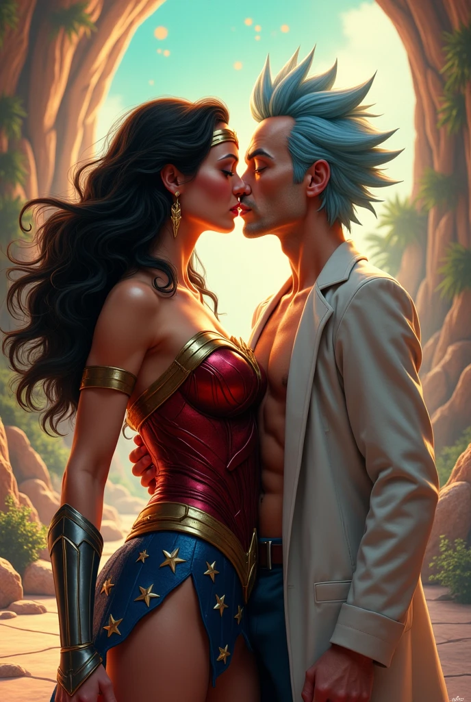 Ultra-realistic, masterpiece, best quality, a pair of alien lovers, embracing each other under the summer sun, expressing their heartfelt emotions with intricate body language. Their elongated, slender limbs intertwine, their large, expressive eyes glowing with a mix of love and curiosity. Their skin, a shimmering blend of iridescent blues and greens, catches the sunlight, creating a mesmerizing contrast against the lush, green foliage reflected in the background. The scene is filled with the vibrant colors of summer - sunflowers swaying in the gentle breeze, azure skies with fluffy, white clouds, and a soft, golden glow