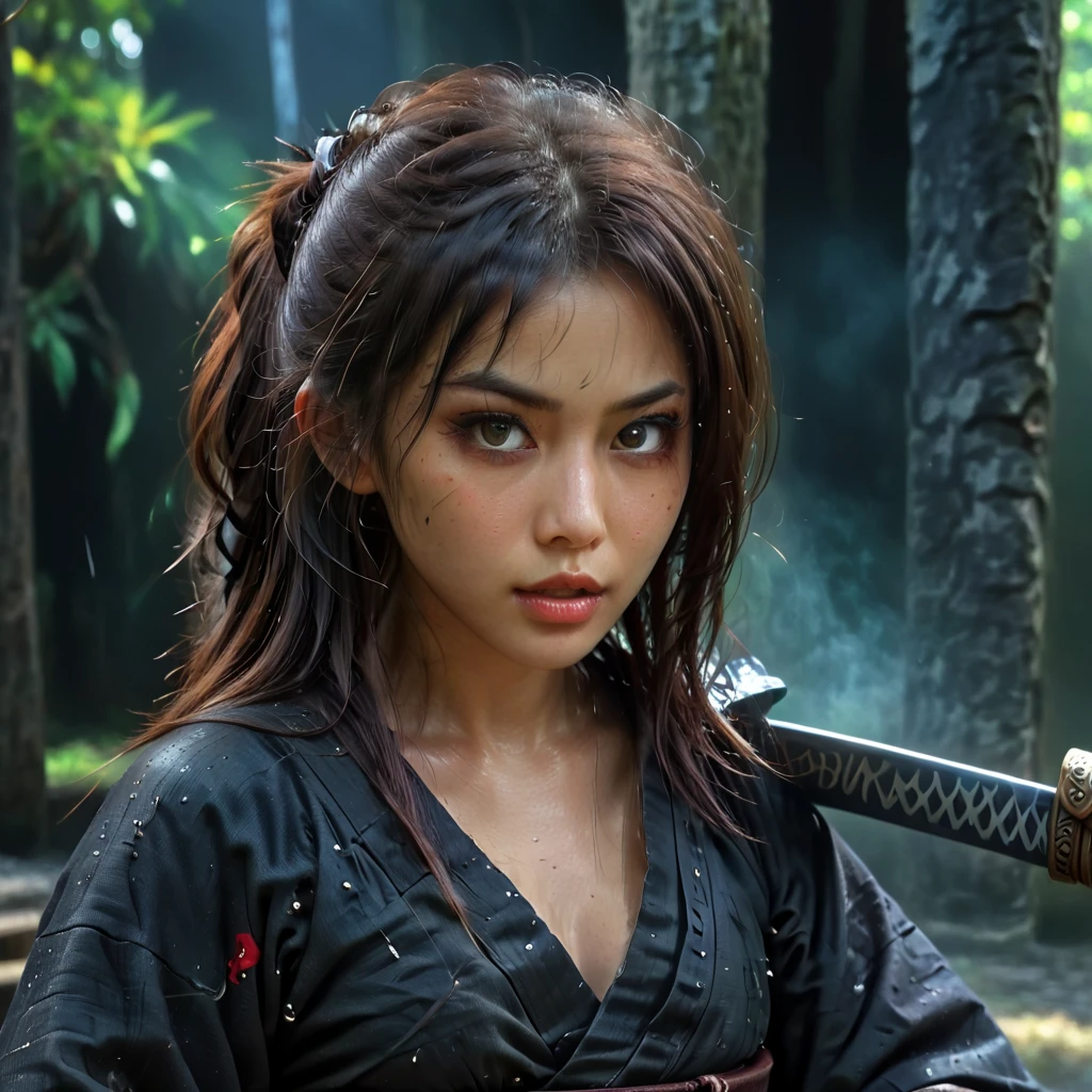 A battered dangerous Samurai, a black grim reaper approaching, a pretty woman at the Samurai's feet, detailed eyes and face for the Samurai, detailed eyes and lips for the woman, sword raised in defiance, dark and menacing atmosphere, intense lighting, oil painting style, high-quality 4k resolution, intense emotions, dynamic pose, haunting background, realistic and photorealistic depiction, vivid colors, dramatic shadows, sharp focus, powerful composition, textured brushstrokes, atmospheric perspective, epic battle scene, mystical aura, Japanese aesthetics, traditional light armor, cool outfit, distressed and worn-out appearance, intricate details on the Samurai's armor and weapon, ethereal presence, suspenseful ambiance, selective lighting highlighting key elements, compelling storytelling, cinematic style, contrasting light and dark tones, tension and danger in the air, visual storytelling, sinister and ominous presence, cinematic framing, emotional intensity. (best quality, 4k, highres, masterpiece:1.2), ultra-detailed, realistic (photo-realistic:1.37) samurai, grim reaper, woman, eyes, face, lips, sword, dangerous, defiance, grim, intense, oil painting, atmosphere, lighting, powerful, composition, brushstrokes, dramatic, shadows, epic battle, surround by shadow enemies
