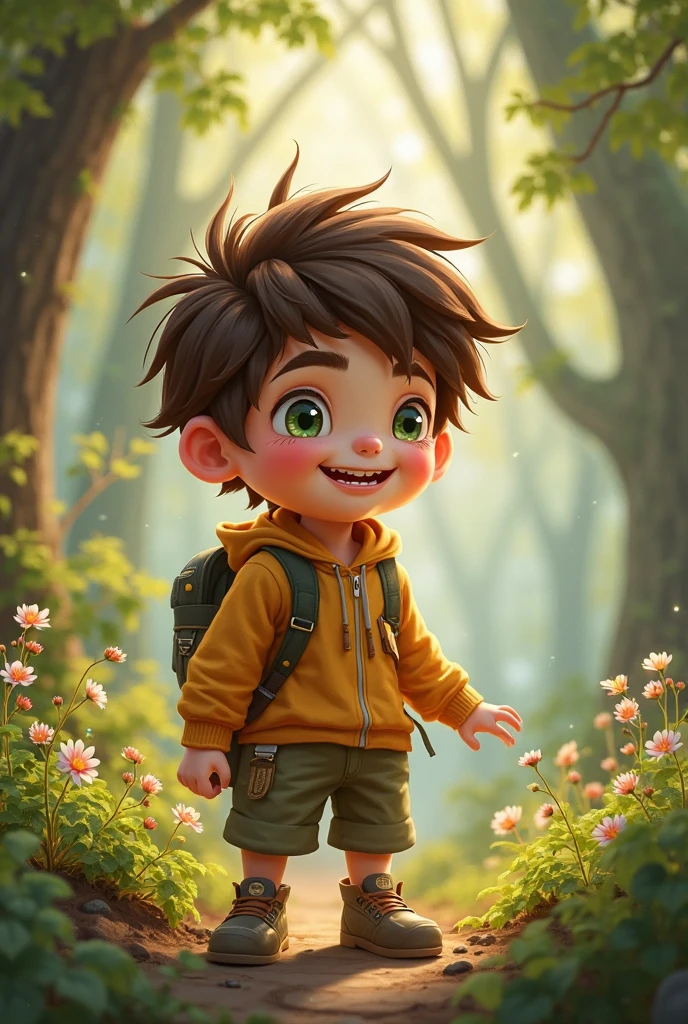 Image Prompt: A curious young boy, around , with bright eyes, holding a stick, and a determined expression on his face.