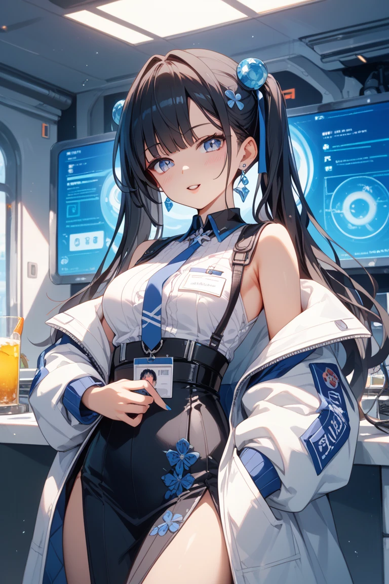 masterpiece, best quality, hdr, realistic, chromatic aberration,
flan, 1girl, solo,
ahoge, ahoge wag, black hair, braid, breasts, expressive hair, green eyes, hair between eyes, smile, low twintails,
bare shoulders, black gloves, cleavage, collarbone, detached sleeves, earrings, hat, jewelry,  see-through sleeves,  strapless coat, thigh strap, thighs,
detailed background, spacecraft interior, cockpit,  action, on stomach, looking back, mksts style, holographic interface, hologram,