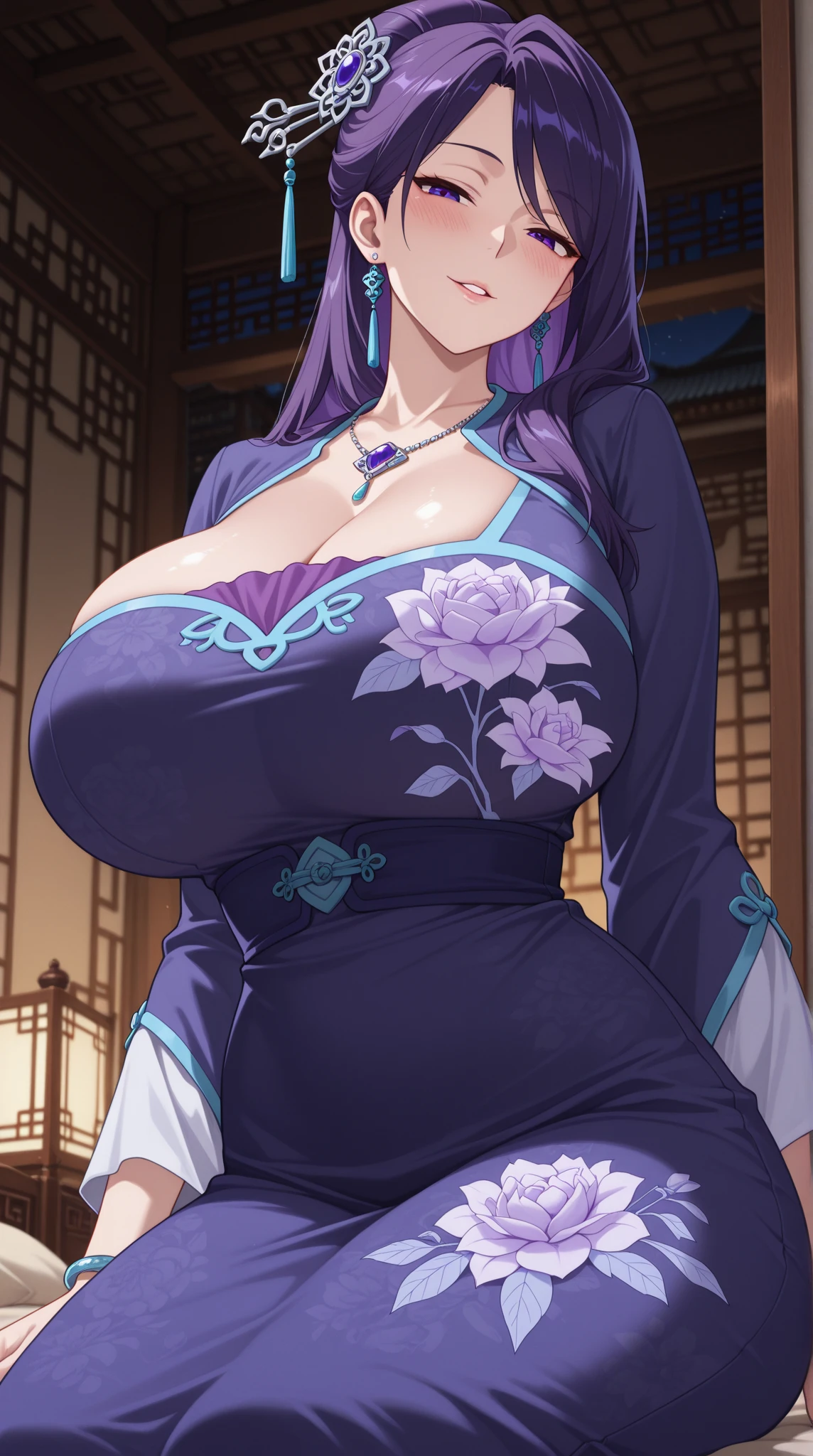 A girl with big breasts, Wearing an open purple-black robe, Standing in a Chinese-style building