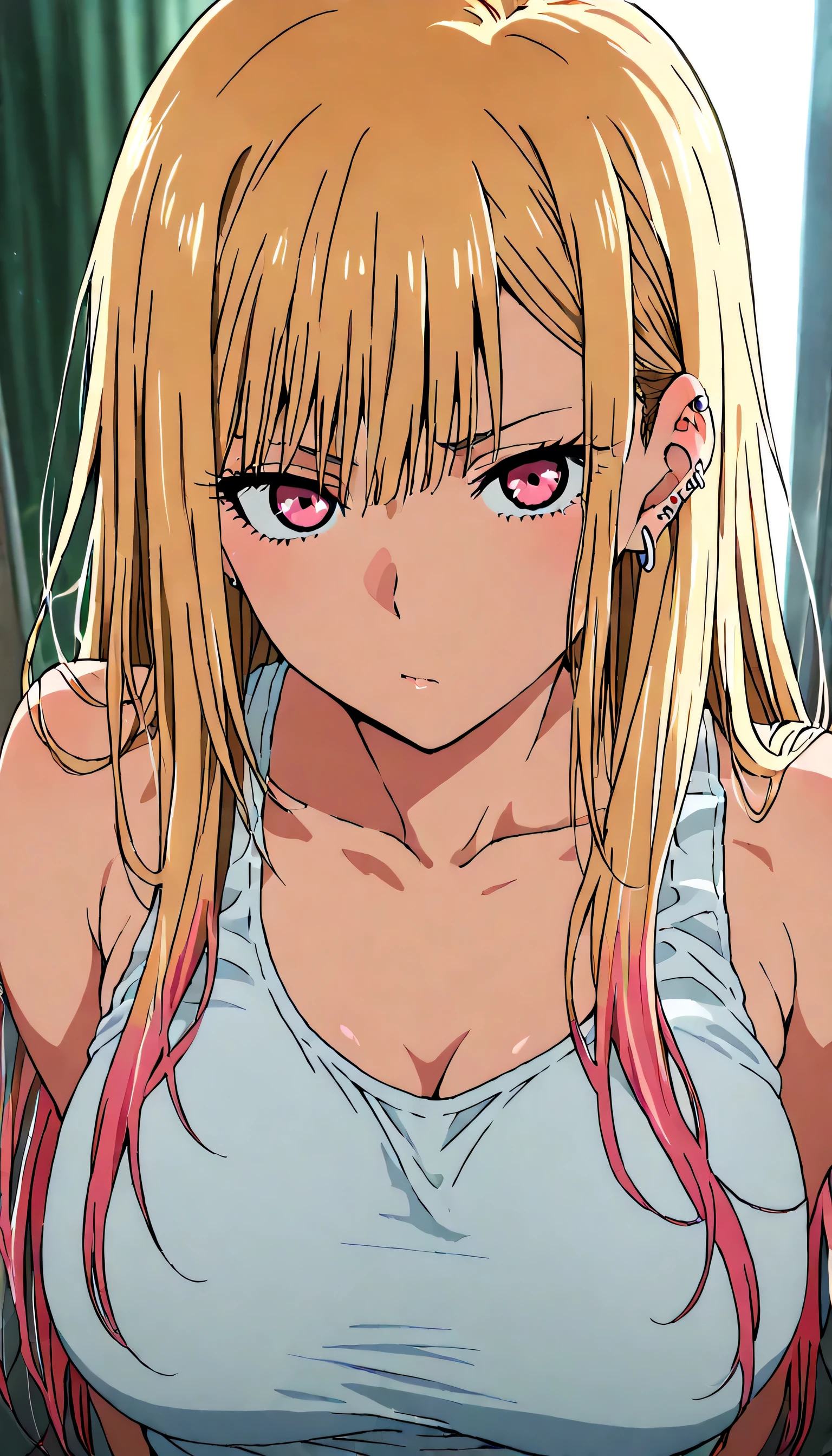 score_9, score_8_up , score_7_up , Old high quality,最高masterpiece,masterpiece,8K,high resolution, Very detailed, very beautiful,ahemaru,cute girl,hyperbust,tank top,KJOmarin, blonde hair, long hair, pink eyes, earrings, ear piercing, multicolored hair,