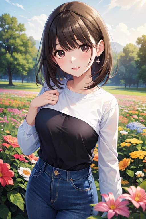 (masterpiece, top quality, 8k, high resolution), young woman, beautiful face, thin, slender with SMG, long, beautiful brown eyes, pink lips, beautiful nose, Brown black bob hair , with a perfect face , perfect style, Smile, BEST ANIME GIRL , earring, red long sleeve t-shirt, blue denim skinny pants, Black half boots , Prairie and Forest, walk, colorful flowers blooming in the field々々, A bright night where the stars can be clearly seen, milky way, highly detailed anime art , Perfect art , digital illustration art , Above Knee Shots, 、,
.,
,,、
,
,、、 、,( masterpiece, best quality, high resolution, ultra high resolution, pixel perfect, depth of field, 4K, RTTX10.0), 、Anegasaki Nene, shiny brown hair, beautiful brown eyes, smiling face, sparkling pupils, (fine grain), , highly detailed face,, (masterpiece:1.2, best quality), ((only1 girl)), ((cowboy shot:1.5))