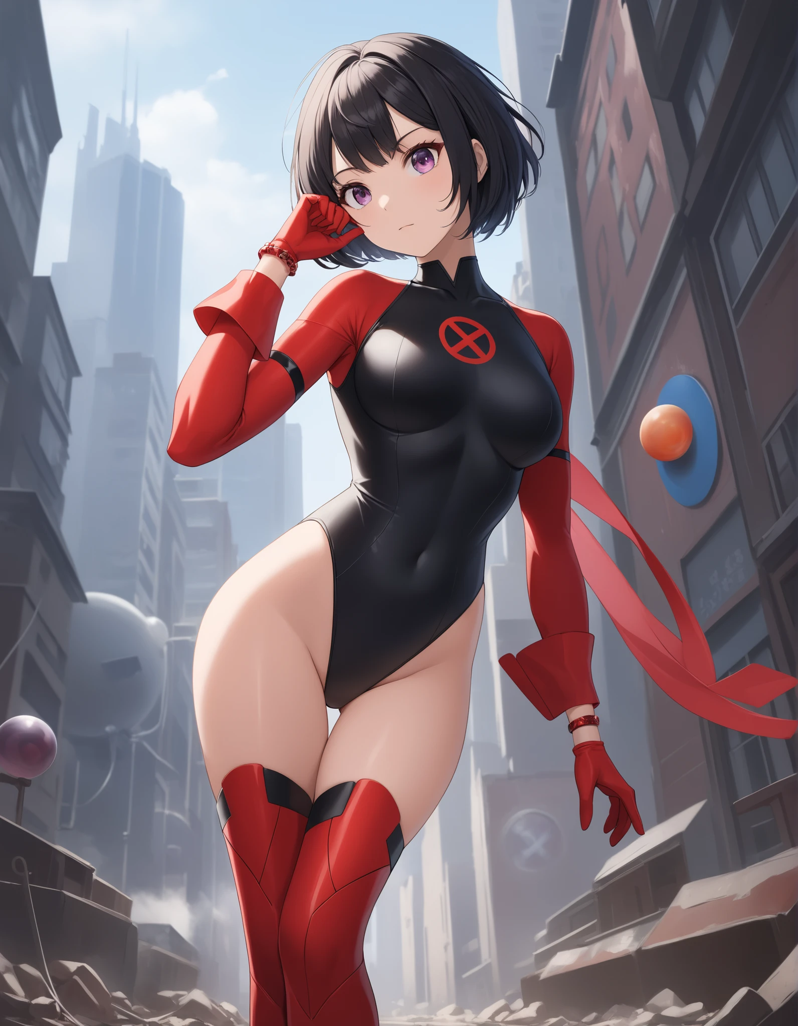 camel toe:1.4、(((long gloves:1.3)))、brown loafers、black calf length socks、Open your thighs wide to the left and right、squat on the ground、show off your crotch to the viewer, ((latex old school swimwear:1.3、sit, spread your legs:1.3, arm behind head ))、、absurd、black hair、(((Pigtails low on the head)))、flat lighting、elevation angle、sexy pose、highest quality、Complex、surreal、perspective, very detailed, detailed background, shape、1 girl、alone、small breasts、light smile, embarrassing, blush, Poolside, (Sweat),