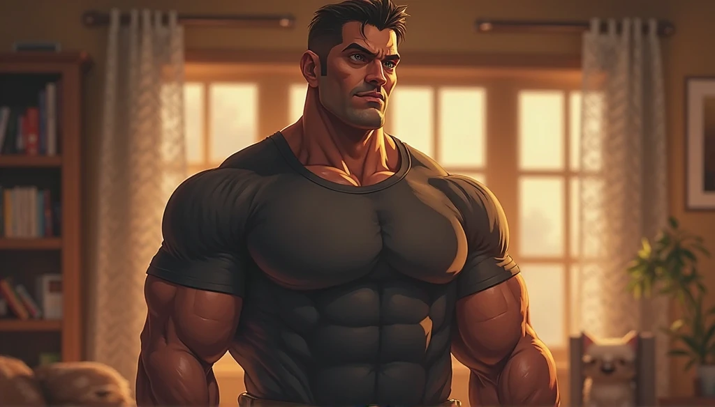 Shirtless and wearing white pants、A 35-year-old Japanese, bare-chested, skinny physique athlete with a black belt, shaved head and moustache is leaning his back against the wall in a dimly lit dojo, bending his knees and glaring straight ahead.,Oblique front view from the waist up,Arms down,sweat flowing