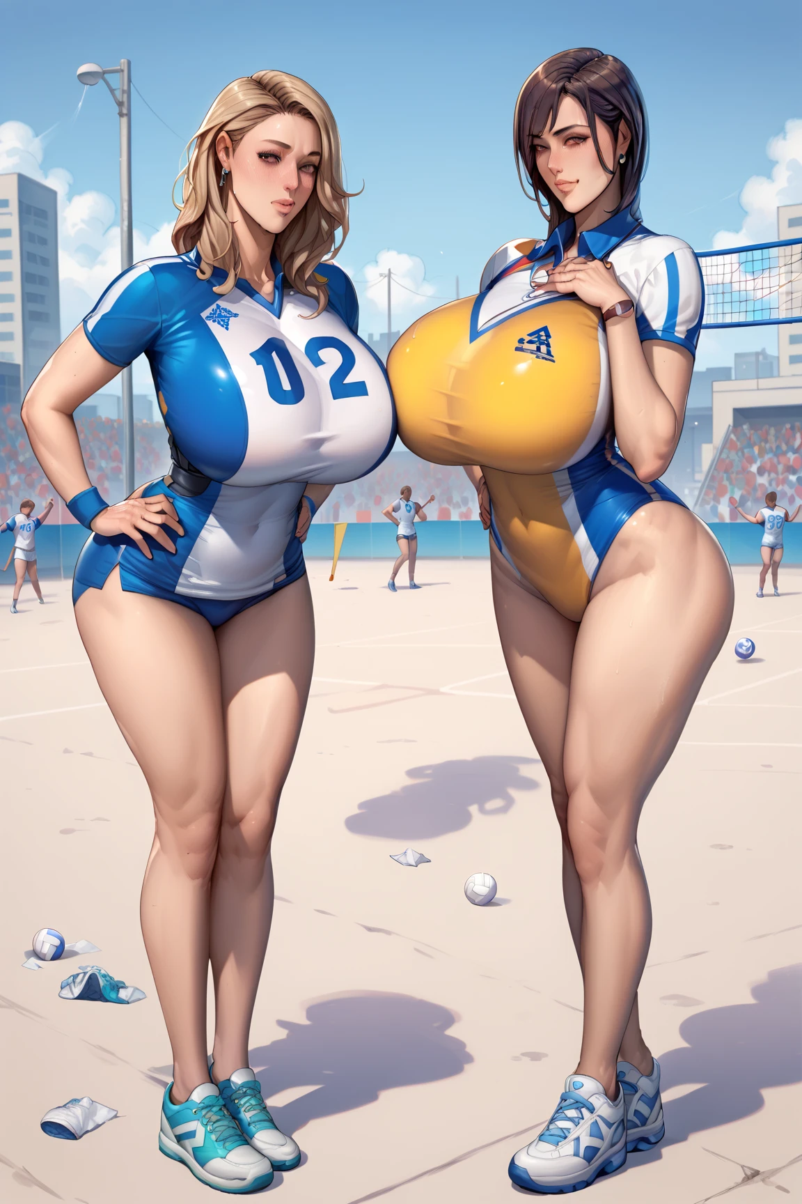 masterpiece:1.2, highest quality), realistic, (real picture, intricate details, Depth of the bounds written), (3 girls, With 3 people), compensate, parted lips, very detailed, perfect face, (huge breasts:1.4), (skin dents), thick thighs, wide hips, thin waist, expensive, shiny coral lips, redhead, red eyes, ponytail, (girl playing volleyball, white volleyball uniform), (sweating:1.2), (Wet), sexy, blush,camel toe、huge tit、Nipple Puffs、cleavage、Plump、Super big breasts、super big butt、Behind the school building、Quite lewd、cowboy shot、cute、earrings、earrings、necklace、thick lips、heterochromia、bangles、Caster wheel、first round、hair charm、lip gloss、Volleyball and super busty、attack、Jump Serve、Fly High、holding a ball、Super High Leg、full body photo、Group photo、multiple、See-through