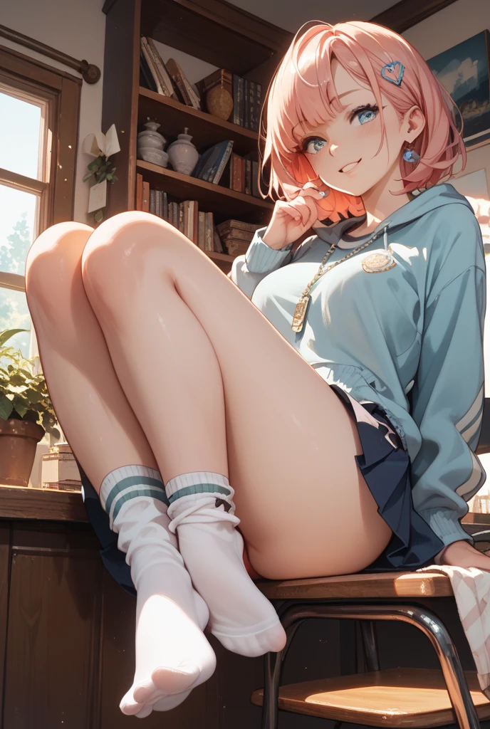 (8K, Highest quality, Highest quality, masterpiece), sit on the floor, (denim hot micro shorts), (vulva peek), big breasts, ((spread legs 1:2)), nm1, headphones around neck, long sleeves, blue cardigan, pantyhose, (fullbody), smile, school uniform, open jacket