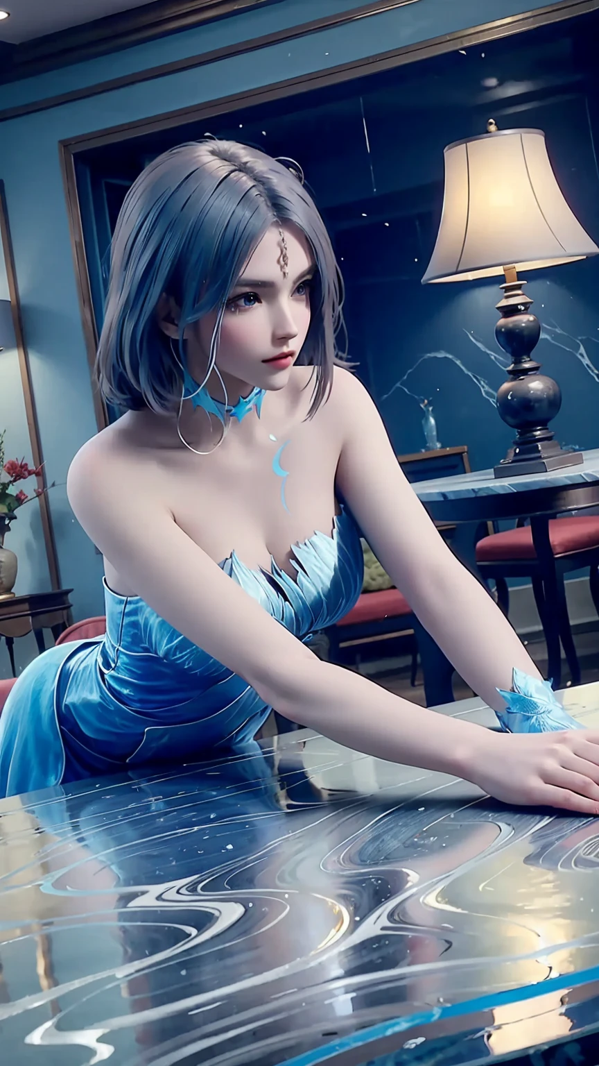 whole body，Haiqinyan by WLOP, Elf Queen Pictures, blue eyes, Long silver hair, long ears, comics《magic sword》heroine, fantasy art style, Beautiful illustration, elegant gesture, blue dress, sitting on bed, fantasy photography, Elf princess temperament, Top model beauty