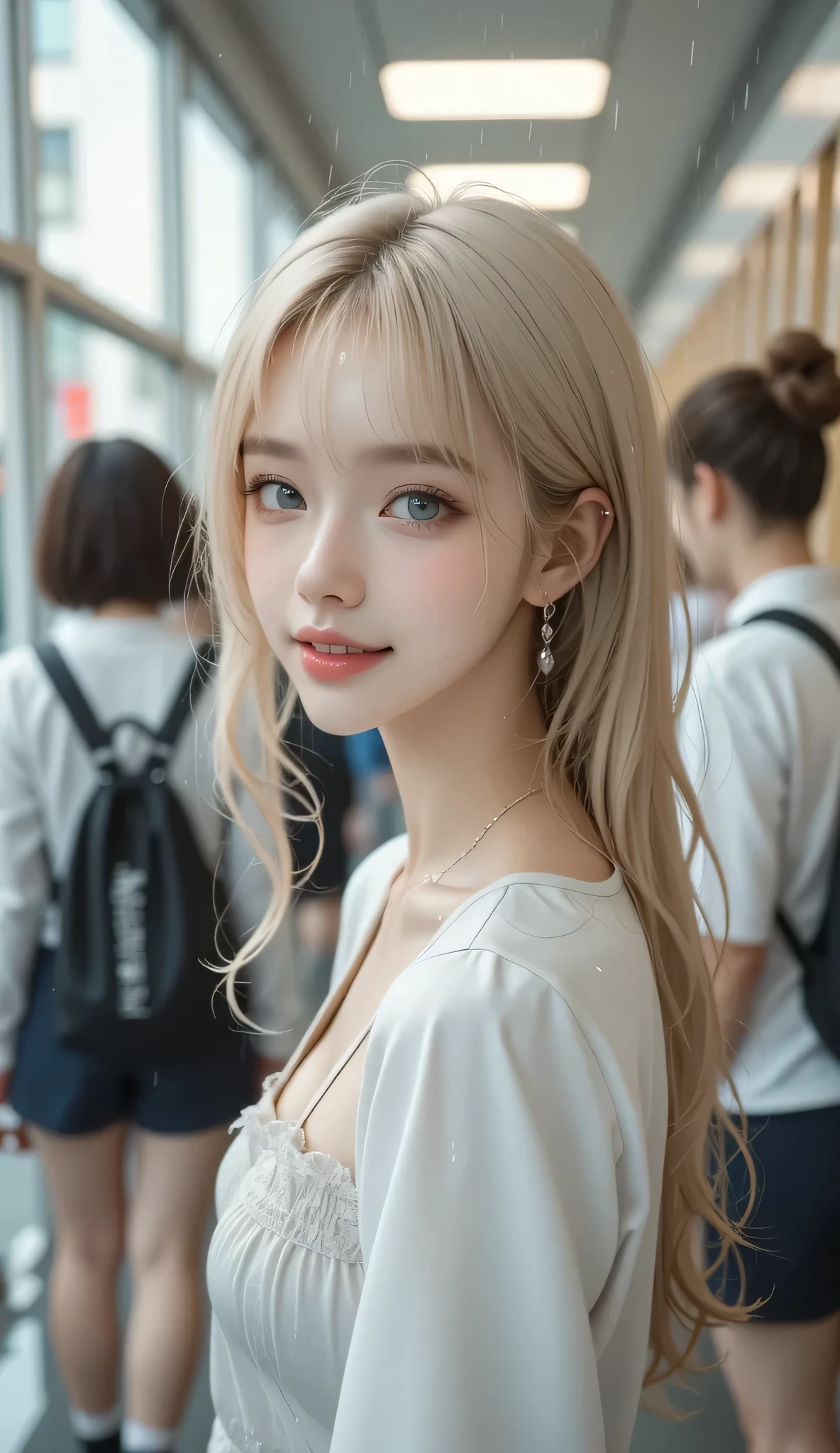 Portrait、School uniforms、Bright expression、ponytail、Younger, brighter, whiter skin、Gloss Face、Cheek gloss、Best Looks、Blonde reflection、Platinum blonde hair with dazzling golden highlights、shiny bright blonde hair,、Super long, silky straight hair、Shiny beautiful bangs、Very beautiful bright pale blue eyes、Big eyes、Perfect beauty、Ample breasts、Mini dress、Sexy big boobs,15 year old beautiful girl looks sexy and cute&Cute beautiful sexy face、美しい and sexy face、A strong wind blows my hair in front of my face、Cute and sexy eyes hidden behind long bangs、Eyes welling up with tears、Mini dress、