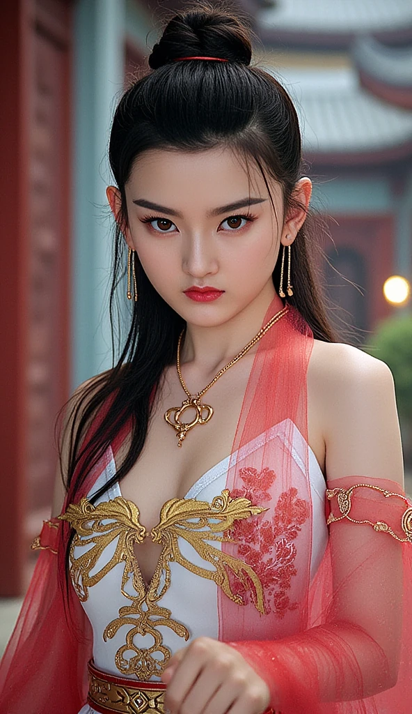 (masterpiece:1.3), (bestquality:1.3), (Realistic:1.3), (photorealistic portrait:1.4), (extremely complex:1.3), (exquisitely detailed skin), vibrant colours, shallow depth of field, ultra-high resolution, 10, UHD, Hyper-Realistic, perfect anatomy, best shadows, ray tracing, delicate, intricate detailed, RAW photo, HDR, crisp focus, front-view, cowboy shot, 1girls, bara, (large boobs:1.3), White skin, random hairstyle, Beautiful woman wearing Sabai with Linevichit style, Linevichit Design, linekanok background, Linekanok style, (Black and red clothing:1.3), Hair ornaments, lipgloss, eye shadow, jewelry, earrings, looking at the audience, naughty face, Naughty smile, Dynamic Poses, scenery, outdoor, thai temple, thai architecture, scenary,