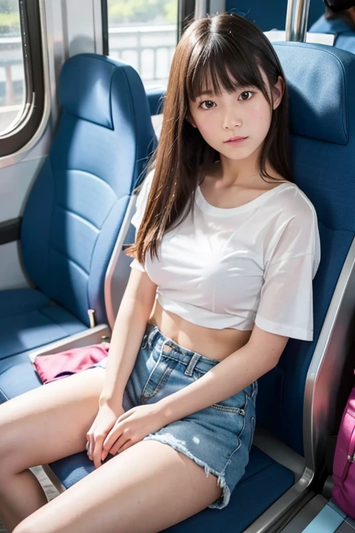 highest quality、8K、masterpiece、ultra high resolution、clear pictures、realistic pictures、Photoreal、professional lighting、Cinematography、pretty girl、National beautiful girl、idol sculpture、round face、very short hair、Super Slender、delicate body、small breasts、thin waist、take a train、Inside the car、High school girl in uniform、Sit in the seat、open your legs wide、whole body