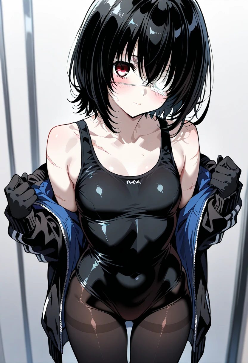 Emo girl, one eye, milf crop top, ears nose and bellybutton, sharp black explicit outfit, straps all over body