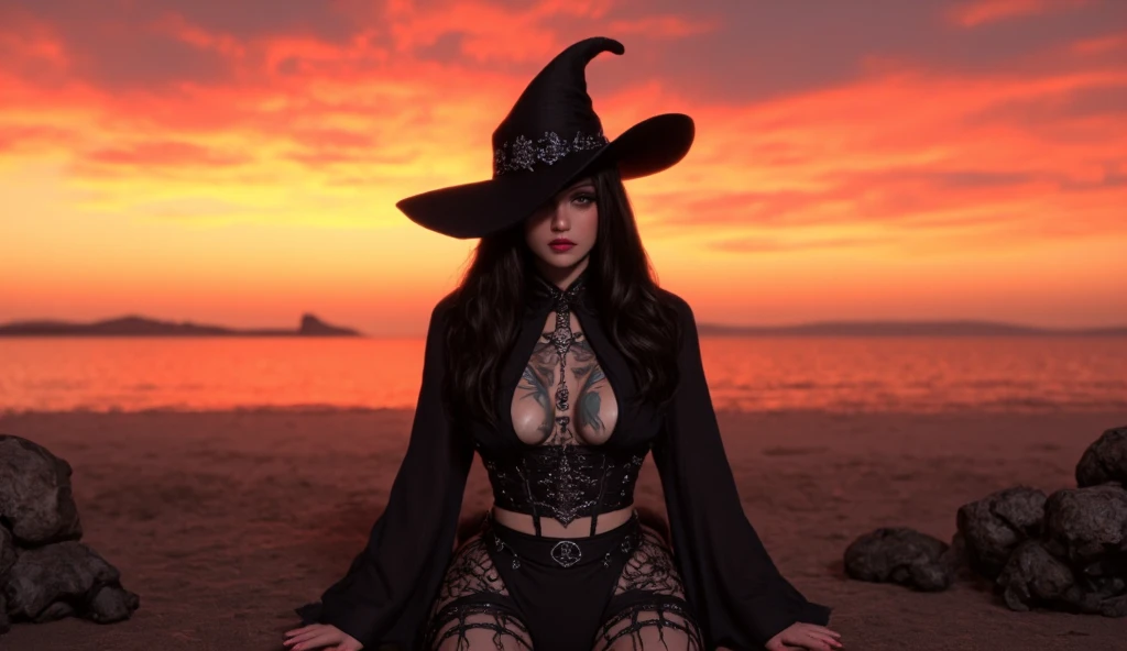 girl,1girl,black magic,
(large breasts:1.5),saggy breasts,(((long hair, black hair))),((black_eyes:1.3))),intricate eyes,beautiful detailed eyes,symmetrical eyes,((((lustrous skin:1.5,bright skin: 1.5,skin tanned,shiny skin,very shiny skin,shiny body,illuminated skin)))),(spider lower abdomen,narrow waist,wide hip,inflated legs,thick thighs),(((detailed face))),
cute,slutty,sensual,seductive look,seductive,((erotic)),opulent,sumptuous,longingly,((nsfw)),
((witch fashion, witch hat, lace, star \(symbol\))),(gothic witch, gothic darkness), (gothic makeup: 1.1),(choker, black lipstick),((perfect cleavage)),
(dynamic pose:1.0),evil, serious look,(centered,scale to fit dimensions,Rule of thirds),
((Geothermal landscape with geysers, steam and vibrant colors)),((active geyser in fantasy land. Hot, steamy water rises around the fireplace, creating a surreal atmosphere. The terrain is rocky and volcanic, with green moss growing on the rocks. In the background you can see a field of inactive geysers and mountains.)),scenery:1.25,((intricate scenery)),
(Glossy wich ornaments),highres,sharp focus,(ultra detailed,extremely detailed),(photorealistic artwork:1.37),(extremely detailed CG unity 8k wallpaper),(((vibrant colors,vibrant theme))),(intricate),(masterpiece),(best quality),artistic photography,(photography taken by sldr),(intricate background),perfect rendered face,perfect face details,realistic face,photo realistic,((intricate detail)),(((realism))), (((pechos descubiertos))) (tetas descubiertas) (((pezones)))