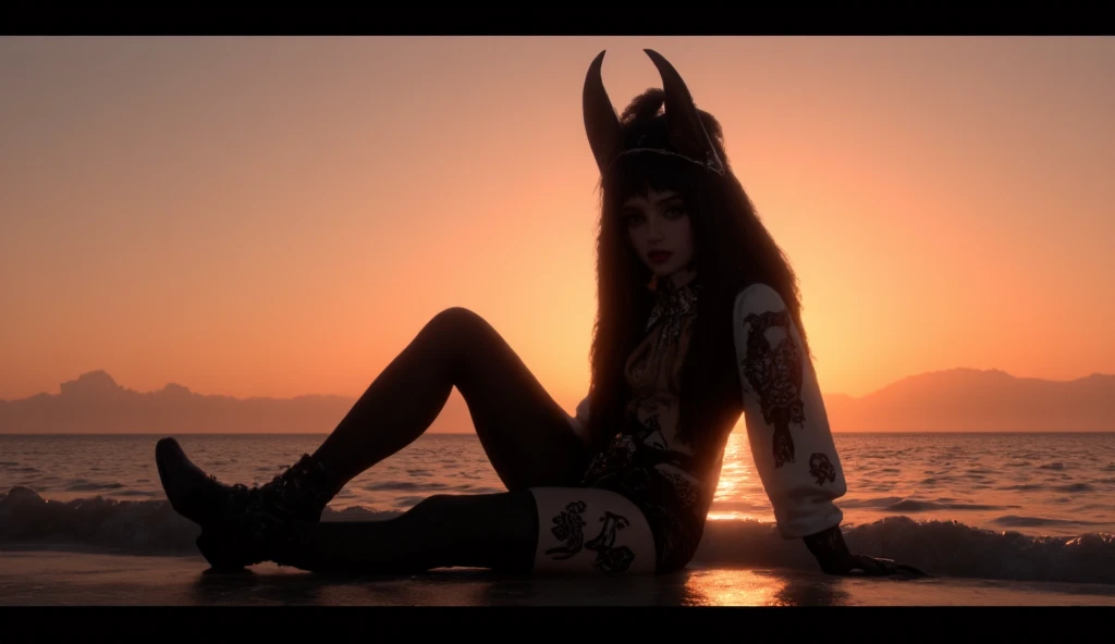 Demon woman with gray skin, long hair black, nig horns nude en la playa enseñando sus bellas plantas de sus pies a la camara 
