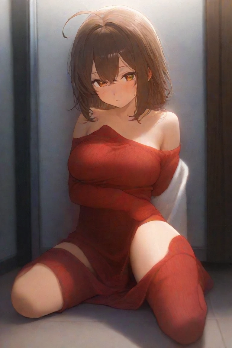 (best quality,1girl:1.1,masterpiece:1.2),stubby horns,loungewear,short hair,ruby eyes,copper hair,:o,tan skin,two-tone background,fantasy of terror