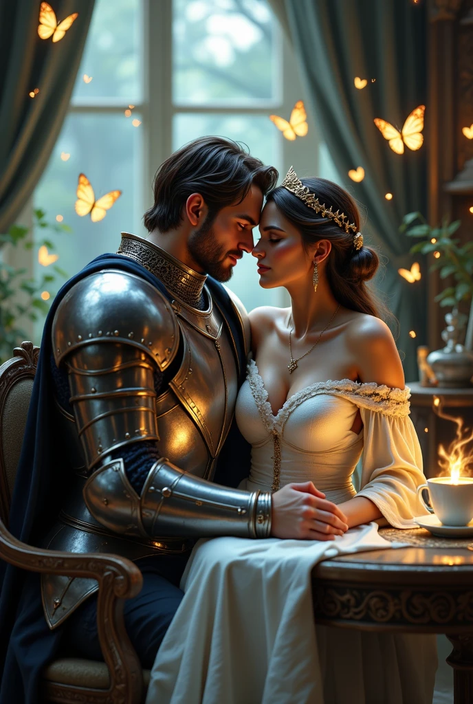 can you make me a pic of a woman in a bed with raven hair, brown eyes, purple clothing in a purple bedroom with a blond man and in silver armor ,with blue and gold giving her tea