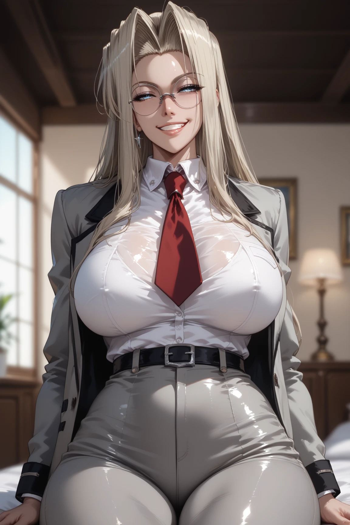 Very cute woman gets All naked on a crowded podium. she shows off her body, she open her hands and exposes beautiful chest and between legs. 40k, photography, masterpiece, best quality, Classroom at night, ((1girl gray eyes and gorgeous light blonde curly hair, she wears glasses on her beautiful face,( very skinny and beautiful:1.5),(white plunging open shirt、Wearing underwear: 1.3), varied poses.((Huge breasts :1.3)), Ultra-detailed face, Detailed eyes,