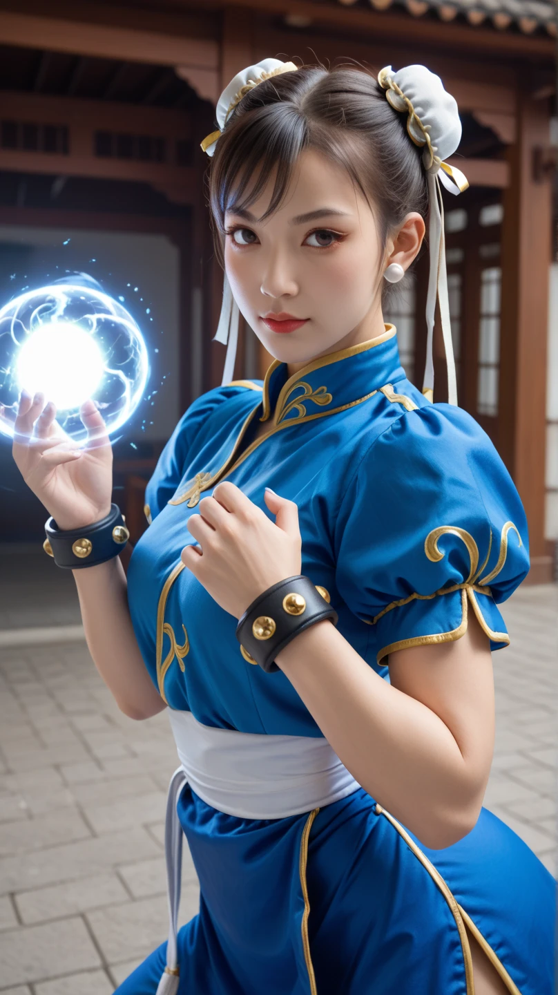  Quality_masterpiece, Chun-li Ultra High Definition､Ultra High Definition、Ultra-realistic、A bright afternoon、parking lot、street fight、Upper body lift、Street Fighter's Chun-Li､24-year-old beauty､blue Chinese clothes with gold lines、Waistband、short hair、Twin bun hair､白いTwin bun hairカバー，blue panties、Blue Apron、white boots､Put your hands forward in front of your chest、Wear blue waves on your hands、Kamehameha posture、  Energy Ball , Energy Ballをなげる、Energy Ballが前に飛んで行く
