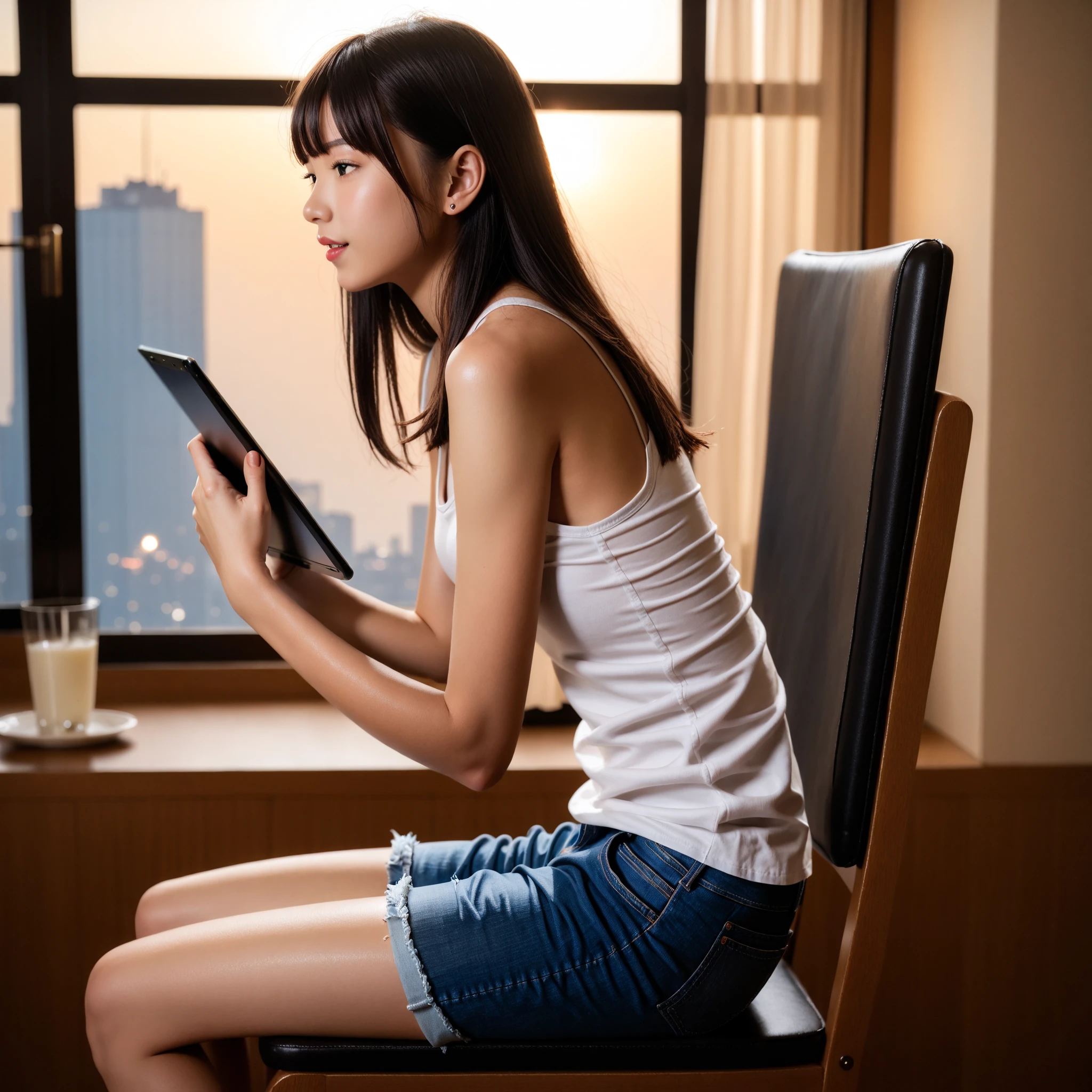 beautiful lighting, real life, 25 years old, 1 beautiful women, wear short skirt, sitting beside the table with computer , futuristic computer room , eye looking to camera, full body view, show legs , intricate, high detail, sharp focus, ultra realistic, 8K, masterpiece, best quality, high quality