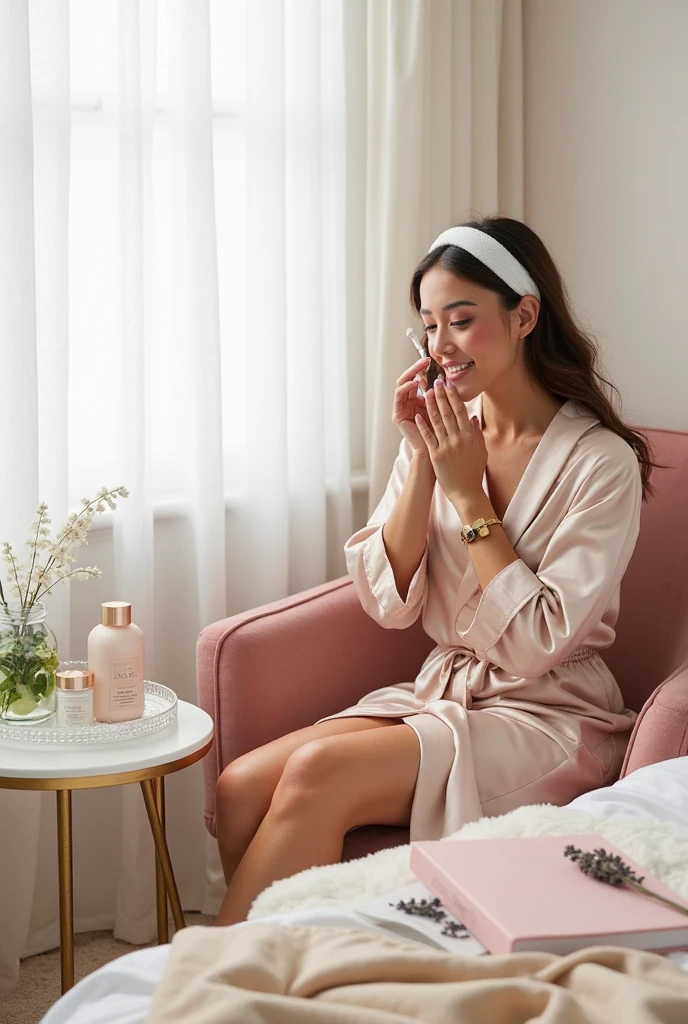 "Anikaxxx (anikaxxx), a beautiful woman with long brown hair, She is wearing a pale pink robe and smiling gently as she cares for her skin, without any headband in her hair. She holds a small jar of cream in one hand while her other hand, with perfectly shaped and natural-looking fingers, softly caresses her cheek, giving the impression of a luxurious skincare routine. The scene is well-lit, giving a soft and natural look to her complexion. The background is slightly blurred, focusing on her reflection in the mirror and her radiant smile. The overall atmosphere is calm, clean, and inviting, emphasizing the woman's natural beauty and sensuality during her skincare routine."