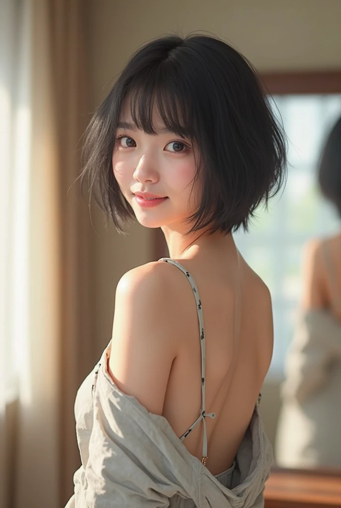 Japan Beauty, Slender, Quiet Breasts, Small Ass, Detailed Eyes, Sexy Black Underwear, Bob Cut, Dark Black Eyes, Little Smile, Embarrassed , One Of, One Of, Golden Ratio, Sunset, One Girl, Photorealistic, 16K, Cute Beautiful --auto --s2