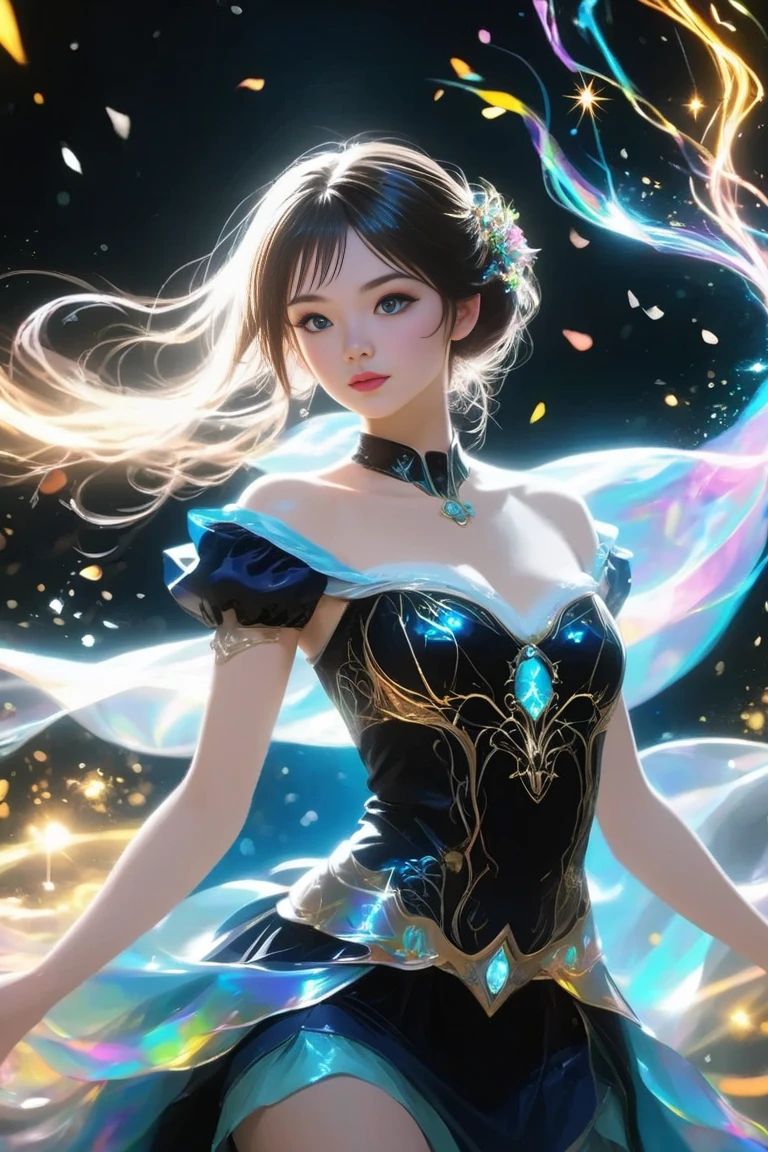 （tmasterpiece，top-quality，optimum，offcial art，Beautiful and aesthetic，Long exposure：1.2），Smooth movement，Charming Patterns， 1 rapariga，（Long skirt with sleeves：1.3），(((Colorful clothes)))，upperbody closeup，cropped shoulders，ChineseGirl，Blushlush，Black lob hair， sportrait，独奏，The upper part of the body，Gaze the observer，detailedbackground，Detailed face，(crystallineAI, crystalline theme:1.1)，Control the flame，Clothes with colorful gemstones，dynamicposes，particles floating，Ethereal power，vaporous，background starry sky，Multi-color tones，Ethereal atmosphere，