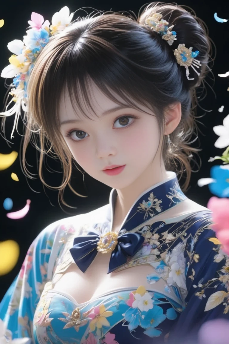 cute、Perfect Anatomy、Picturesque、sketch、texture、solo、Very detailed、(Fractal Art:1.1)、(Gentle colors:1.1)、(Floral:1.6)、Most detailed、(Zentangle:1.2)、(Dynamic pose)、(Abstract background:1.3)、(Glowing Skin)、(Many colors:0.8)、、(Earrings:1.4)、(feather:0.9)、Taisho romance,(masterpiece、highest quality、highest quality、Official Art、Beautiful and aesthetic:1.2)、