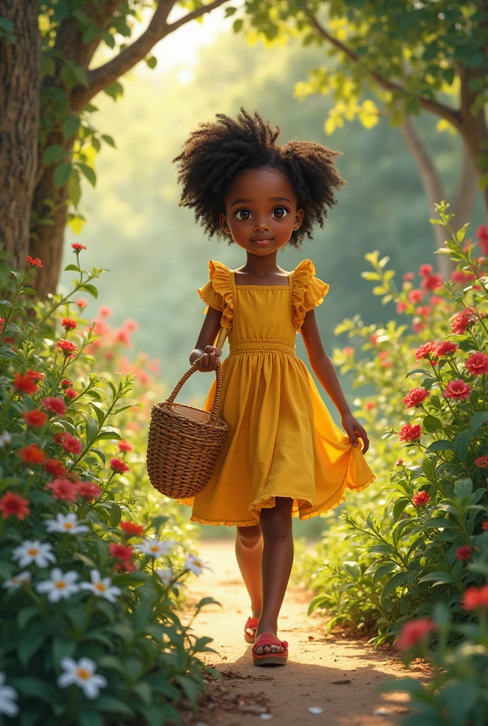 ((1)) adorable little black girl incredibly charming, yellow flowers in hand, with lovely butterflies flying, birds flying, enjoying a beautiful spring ride in the countryside, surrounded by beautiful yellow flowers, autumn leaves flying, trees, colorful butterflies flying, natural landscapes, photo taken full body. The illustration is in high definition in 8k resolution, with highly detailed facial features