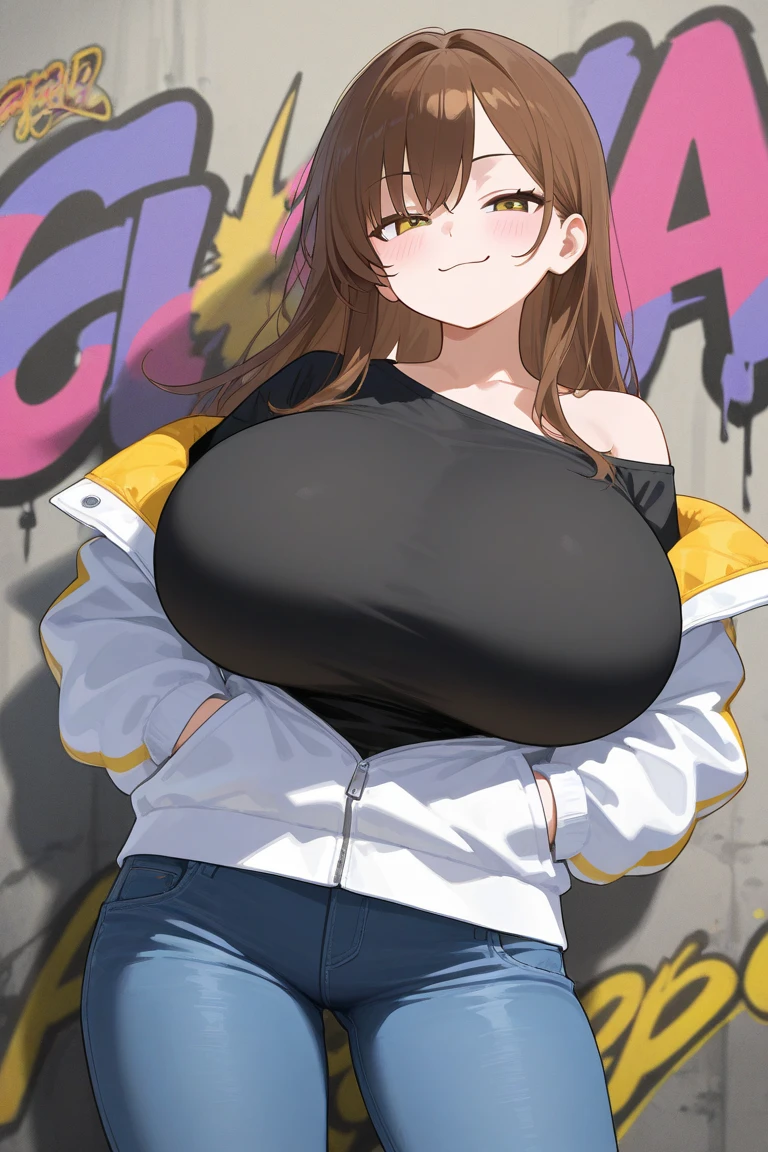 (peace sign),Reisalin Stout,White hat,Yellow hoodie,Red shorts,Blushing cheeks,smile,Big Breasts,Plump,Thighs,Brown eyes,Brown Hair,short hair,1 Girl,Town,master piece , best quality,(high resolution)