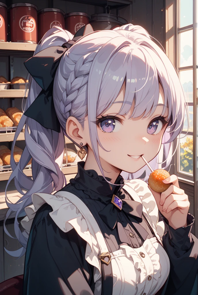 Young girl with grey hair, ((fringed and curly hair)),((curly short twintail)), curly hair ,(red eyes),, ((small bushy eyebrows)), wearing gothic lolita clothing, lolicon , to school, bored look, bored face,, girl sucking penis cum bubbling out her mouth, in a street, girl giving a deepthroat blowjob to male, multiple vignettes