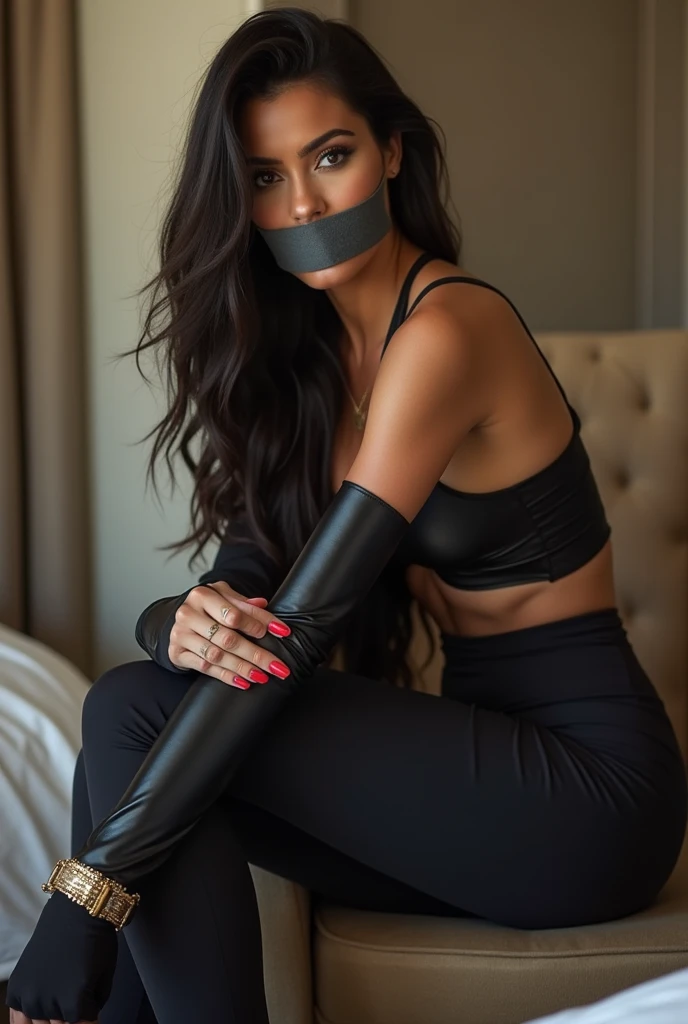 a very beautiful woman in a long silk dress, tied up and gagged,gr33ns1lk,