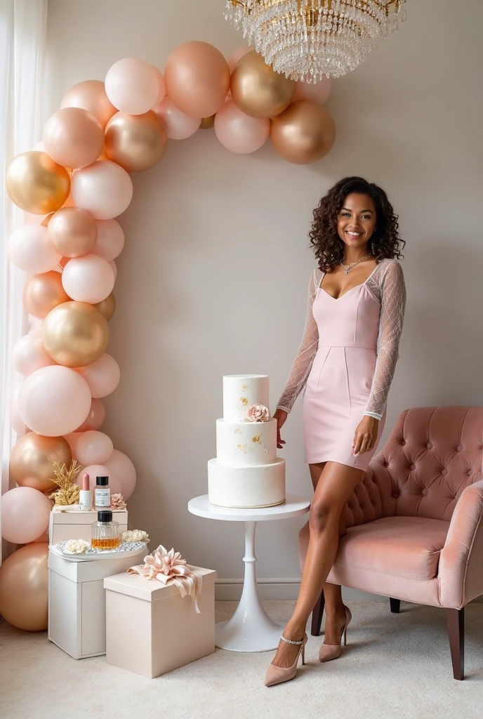 (Best Quality), (Masterpiece), (detailed), Beautiful black woman, 17 years, happy, celebrating, pink balloons, and silver, small thin crown on the head, pink skirt and short pink blouse, small breasts, big legs, with accessories in hand made of silver material, 4k, smiling stare at the camera. champagne,