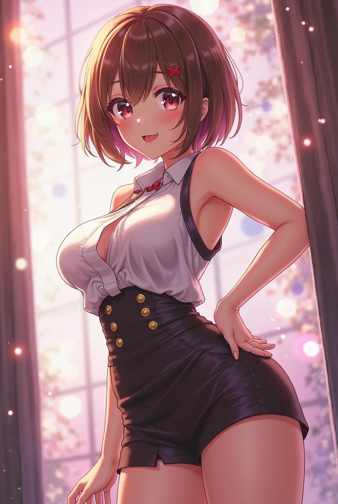 (1 Ultimate beautiful mature woman)、very detailed顔、detailed lips、detailed eye、double eyelid、short brunette hair, ((While dancing、open your mouth and laugh))、(Colorful blouse of the smallest size and colorful tight mini skirt of the smallest size)、((big and full breasts))、thighs thighs thighs、(cowboy shot)、perfect hands, perfect fingers, perfect breasts, Exactly, perfect body, perfect face, Depth of bounds written、perfect image realism, With background:((Members club secret room))、In-depth background, detailed costume, perfect lighting、hyper realism、Photoreal、8K maximum resolution, (masterpiece), very detailed, Professional