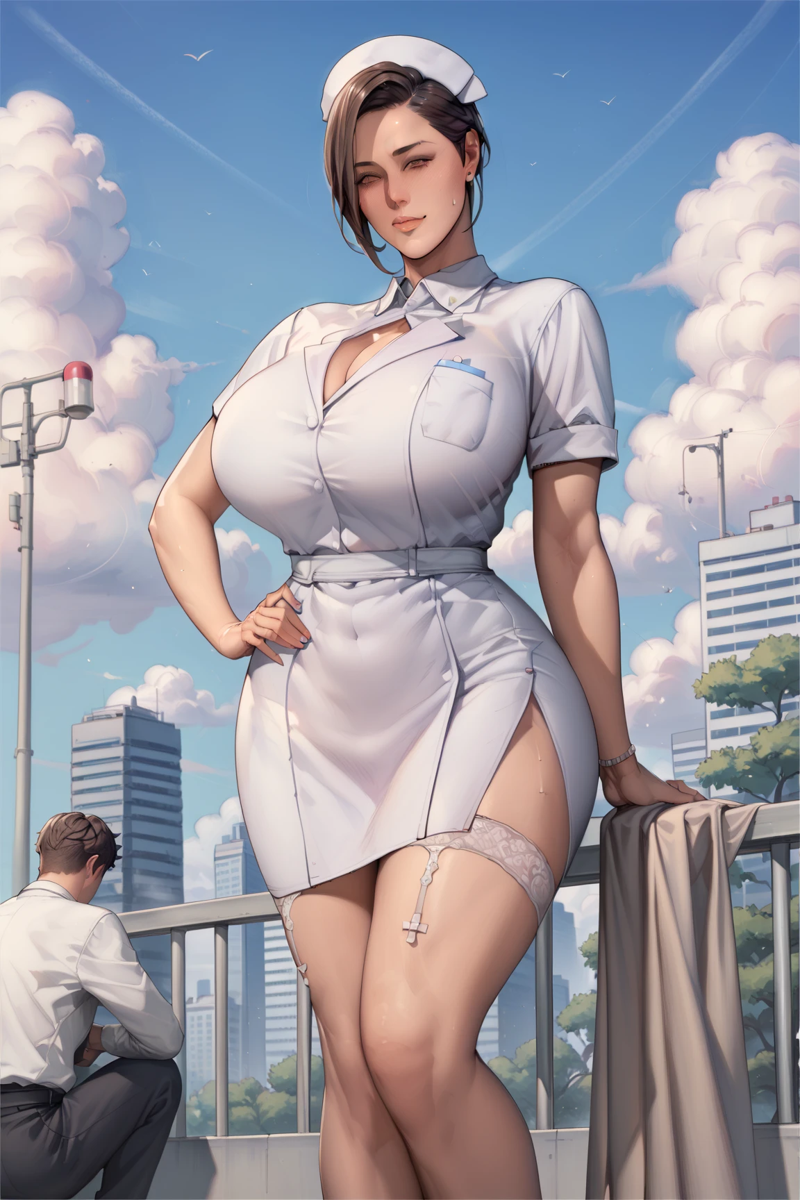 (Masterpiece, Best Quality), 8k Wallpaper, highly detailed, poster, vintage sci-fi film, 1960s, a magazine cover with sexy giant nurse towering over a tiny city, a portrait by Paul Kane, cinematic movie poster, perfect face, colorful hair, Attack of the 50 foot woman, giant woman, tiny city, lines, abstract, mid century modern, movie poster, vintage, white nurse uniform, stiletto high heel shoes, tiny destroyed skyscrapers city, retrofuturism, pulp sci fi, pulp sci-fi, 60's pulp illustration, scifi pulp, pulp book cover art, pulp scifi, old retro pulp comic cover, pulp science fiction, pulp scifi illustration, vintage scifi, skyscrapers sized under her knee