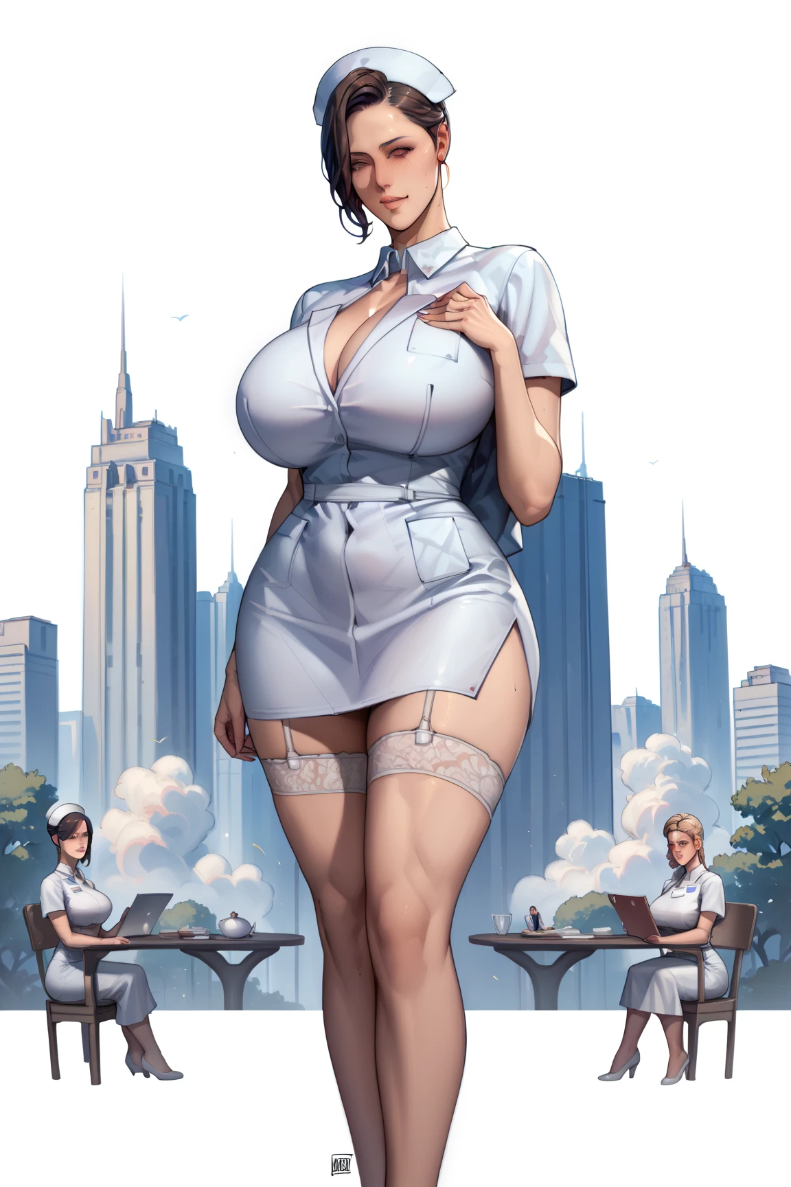 (Masterpiece, Best Quality), 8k Wallpaper, highly detailed, poster, vintage sci-fi film, 1960s, a magazine cover with sexy giant nurse towering over a tiny city, a portrait by Paul Kane, cinematic movie poster, perfect face, colorful hair, Attack of the 50 foot woman, giant woman, tiny city, lines, abstract, mid century modern, movie poster, vintage, white nurse uniform, stiletto high heel shoes, tiny destroyed skyscrapers city, retrofuturism, pulp sci fi, pulp sci-fi, 60's pulp illustration, scifi pulp, pulp book cover art, pulp scifi, old retro pulp comic cover, pulp science fiction, pulp scifi illustration, vintage scifi, skyscrapers sized under her knee