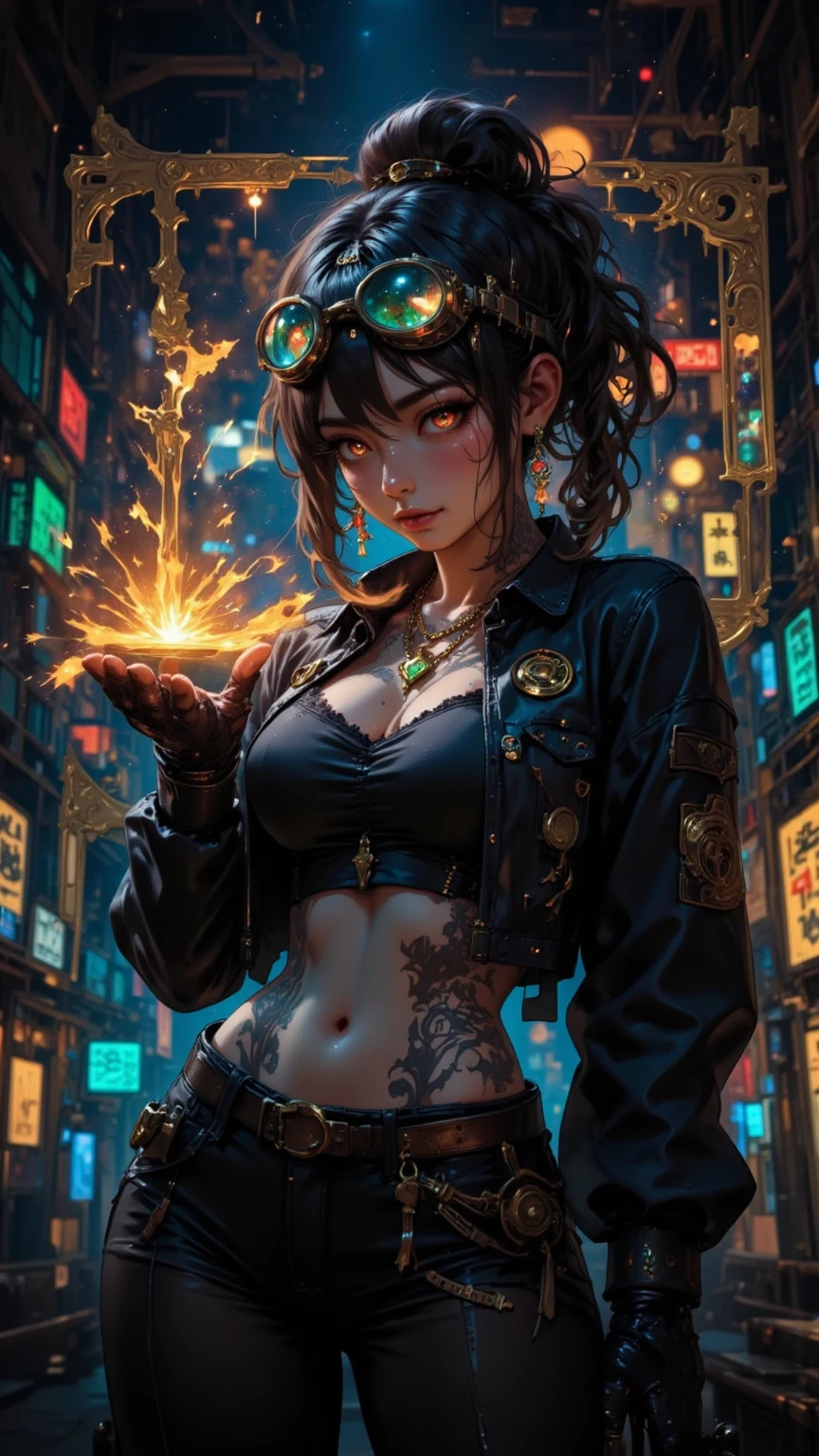 masterpiece, best quality, a professional erotic portrait photograph with vivid colors of a beautiful female witch wearing skimpy streetwear clothes and a witch hat, casting a spell in a dark garage filled with computers, makeshift electronics, wires, sparks, (by moebius:1.3)